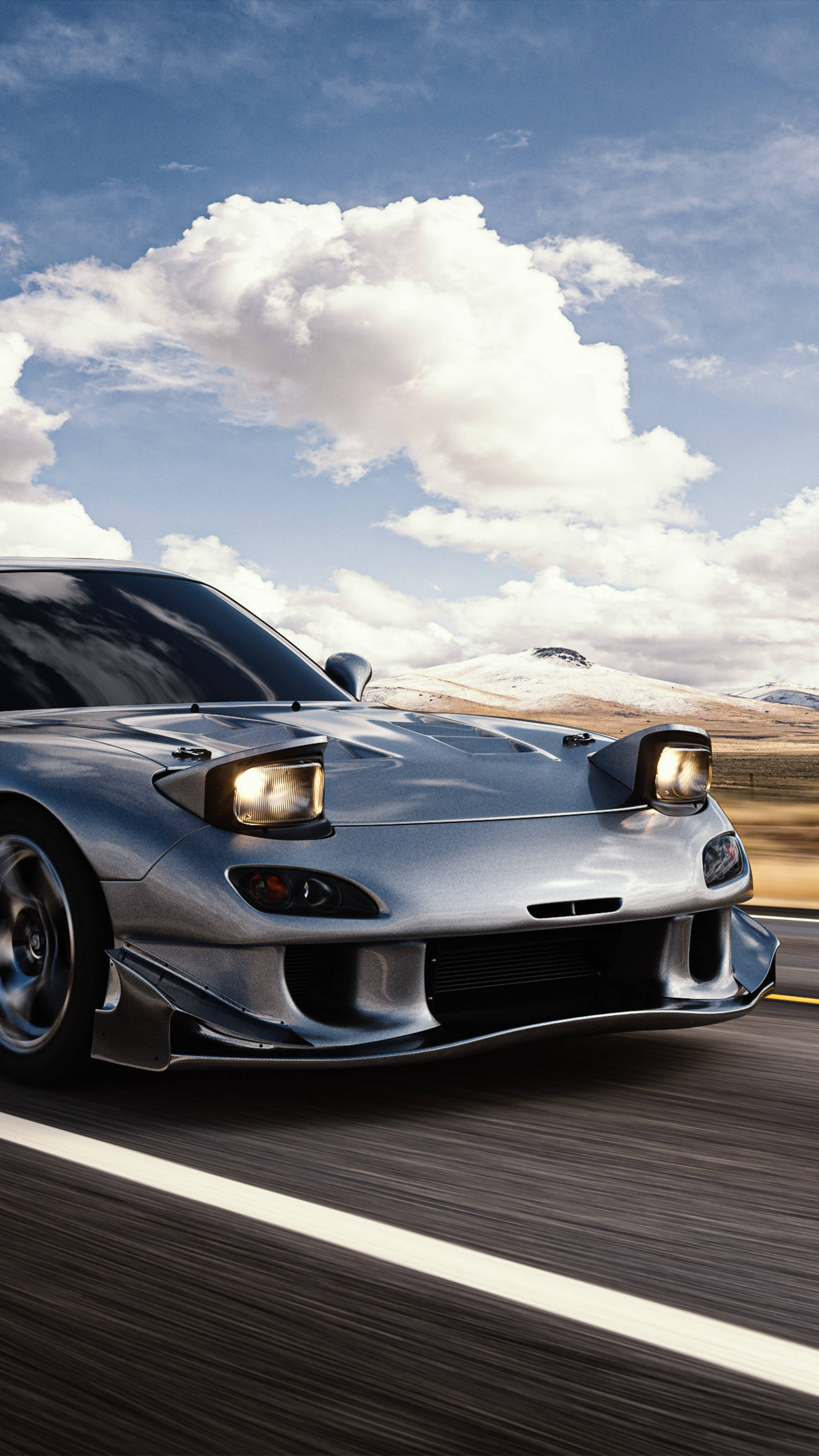 Rx7, silver, desert road, 4K Phone Wallpaper
