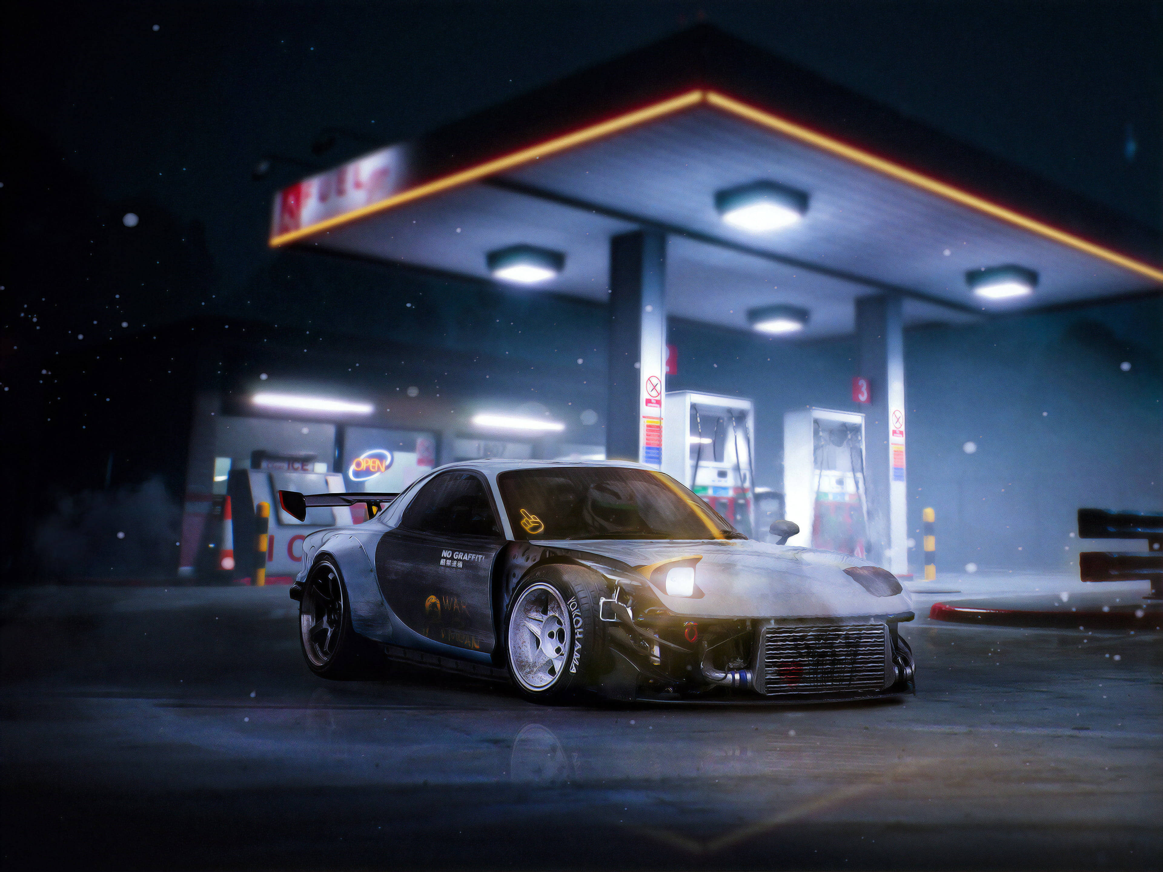 RX7, neon lights, snowy night, 4K Desktop Wallpaper