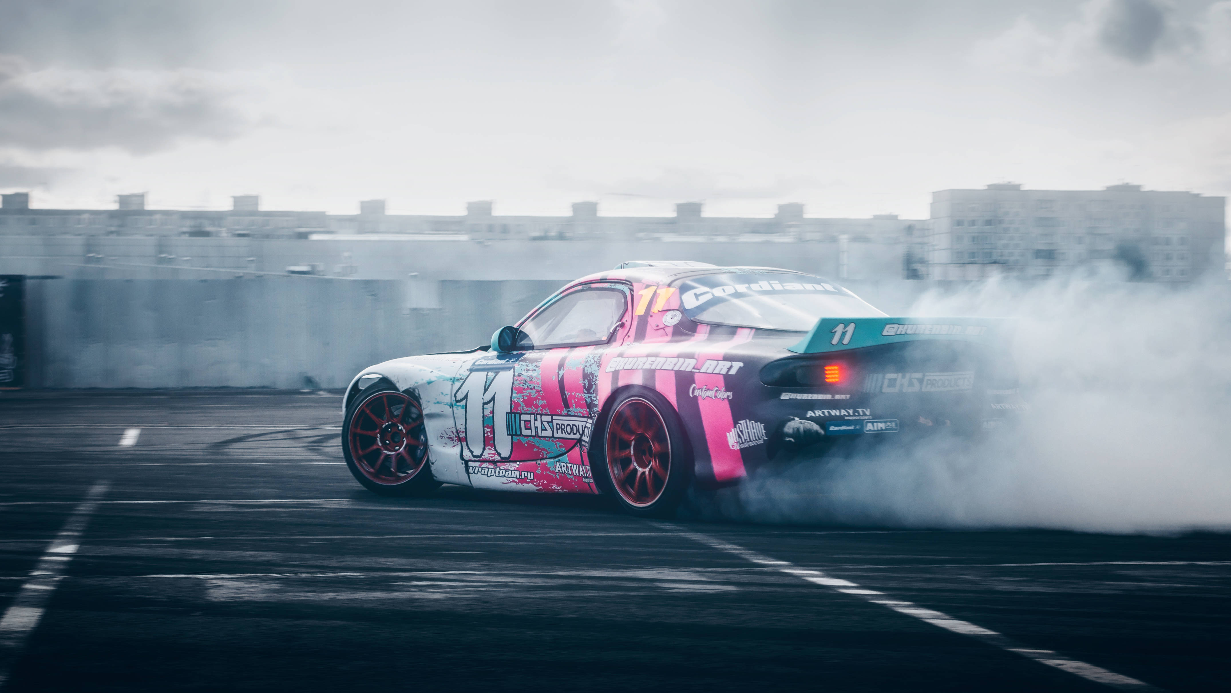 RX7, pink and white, drift car, 4K Desktop Wallpaper