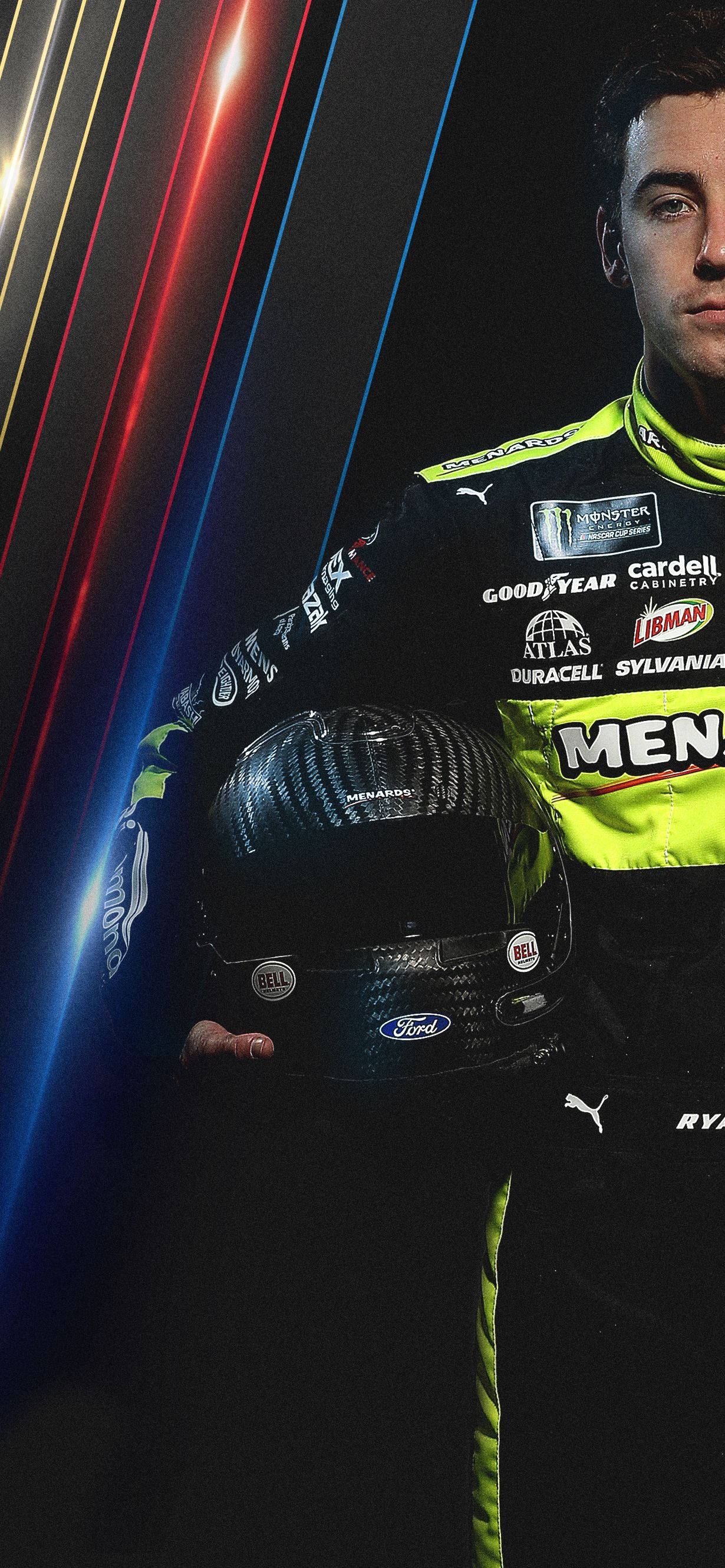 Ryan Blaney, neon yellow and black suit, carbon fiber helmet, 2K Phone Wallpaper