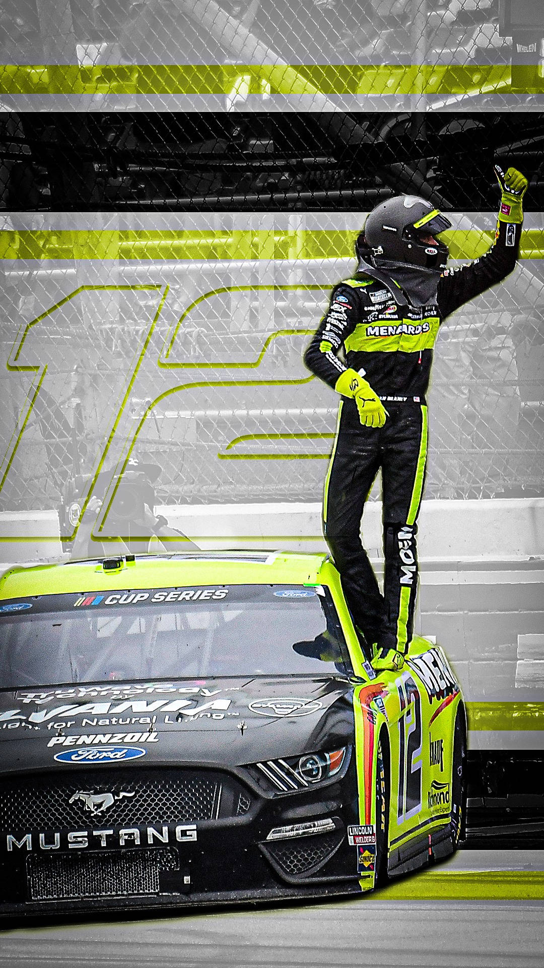 Ryan Blaney, number 12 Ford Mustang race car, neon green and black gear, Full HD Phone Wallpaper