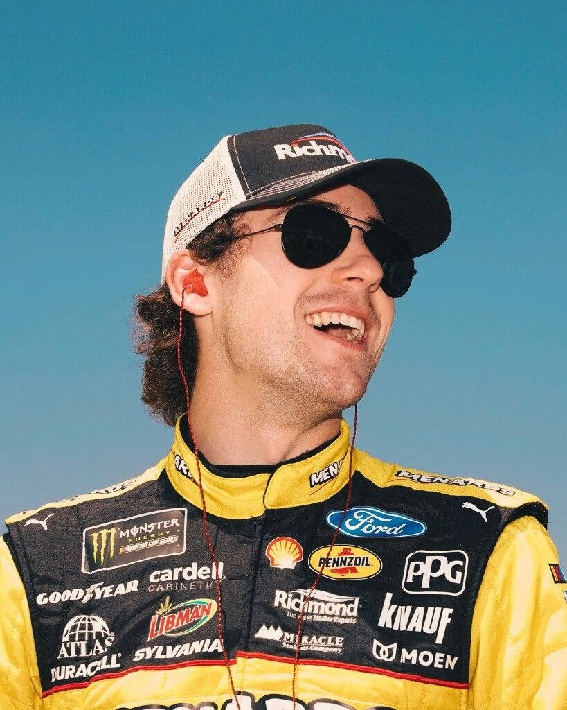 Ryan Blaney, yellow and black racing suit, sponsor logos, SD Phone Wallpaper