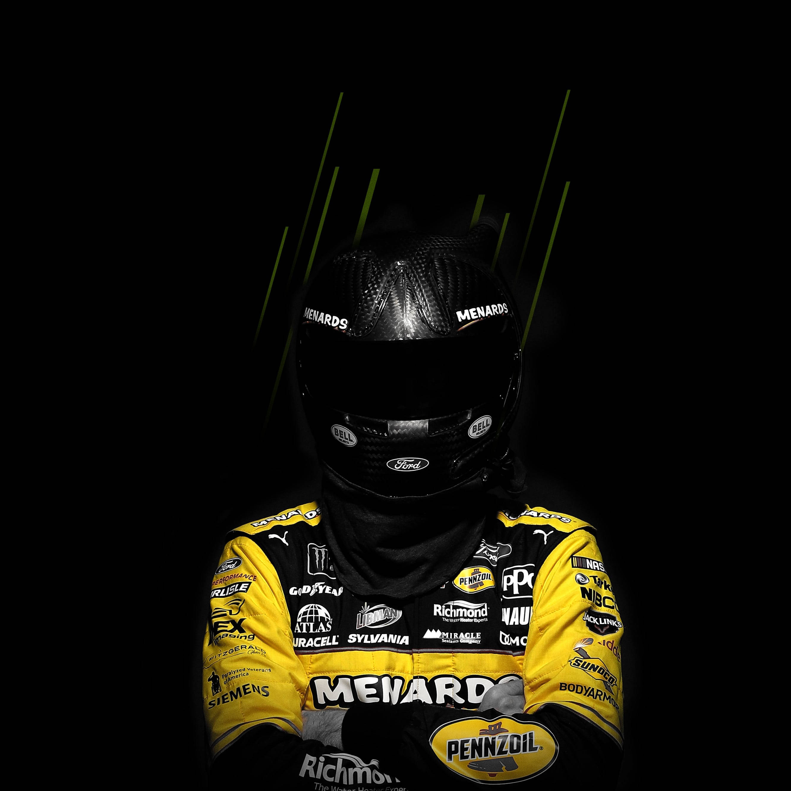 Ryan Blaney, yellow and black suit, sponsor logos, 2K Desktop Wallpaper