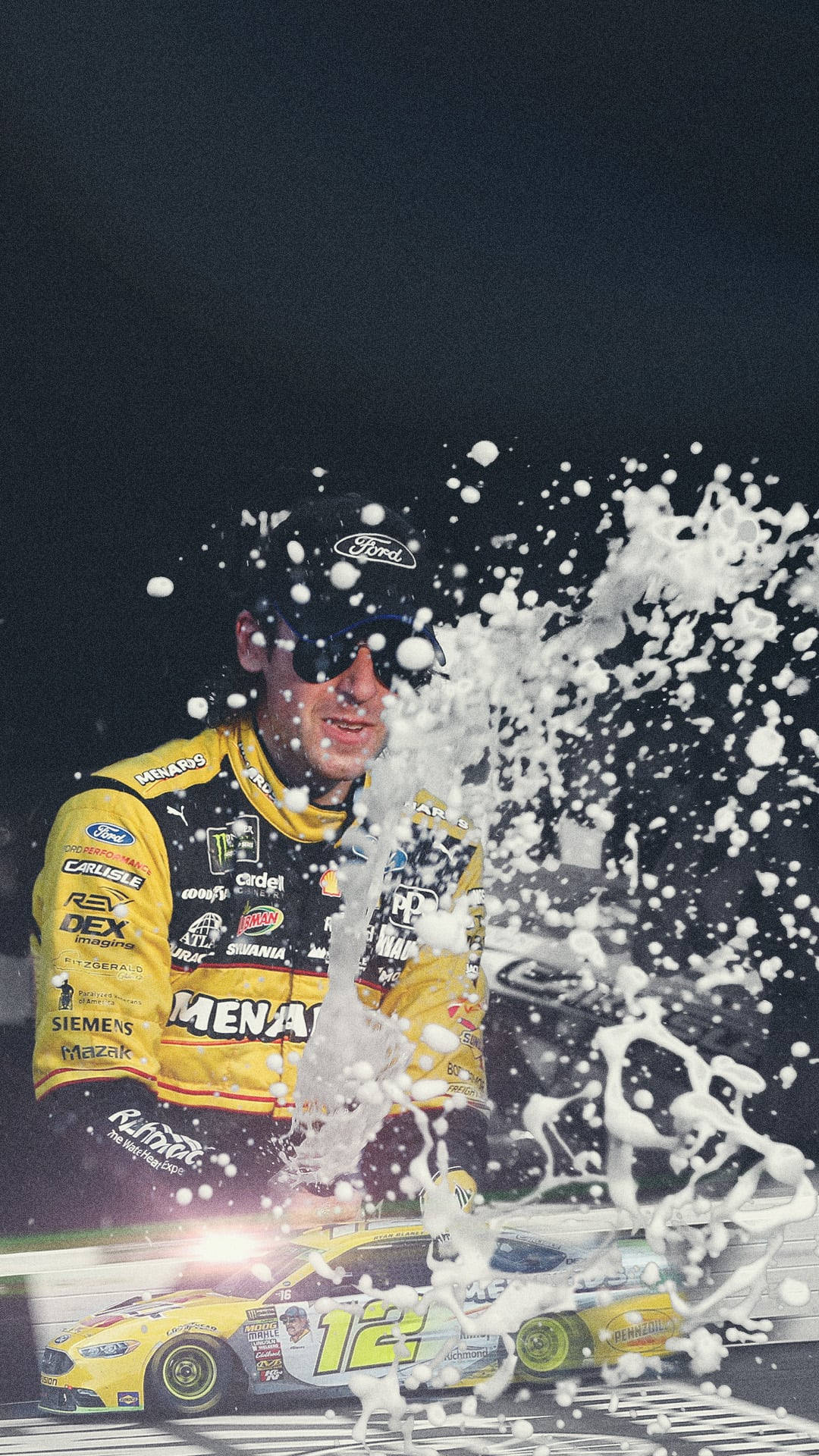 Ryan Blaney, yellow racing suit, milk splash, Full HD Phone Wallpaper