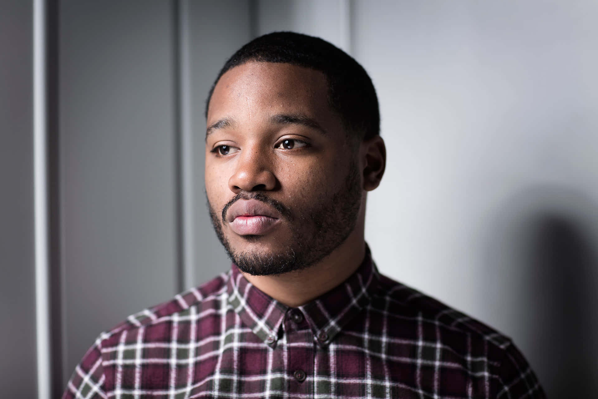 Ryan Coogler, maroon plaid shirt, minimalist gray background, Full HD Desktop Wallpaper