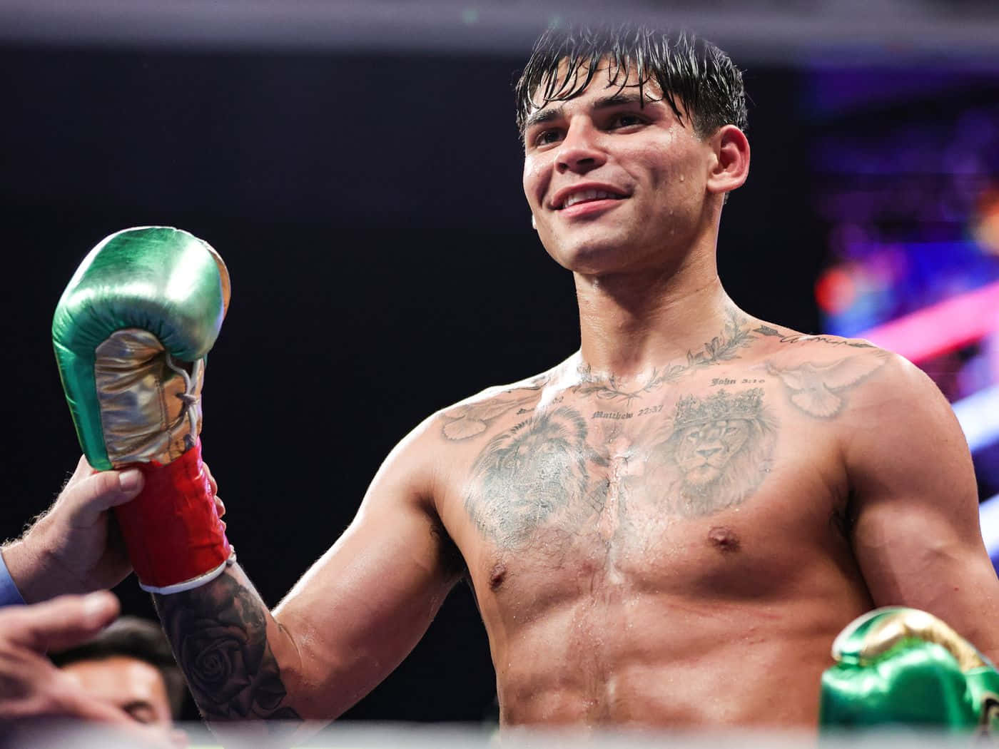 Ryan Garcia, green and red glove, lion tattoos, HD Desktop Wallpaper