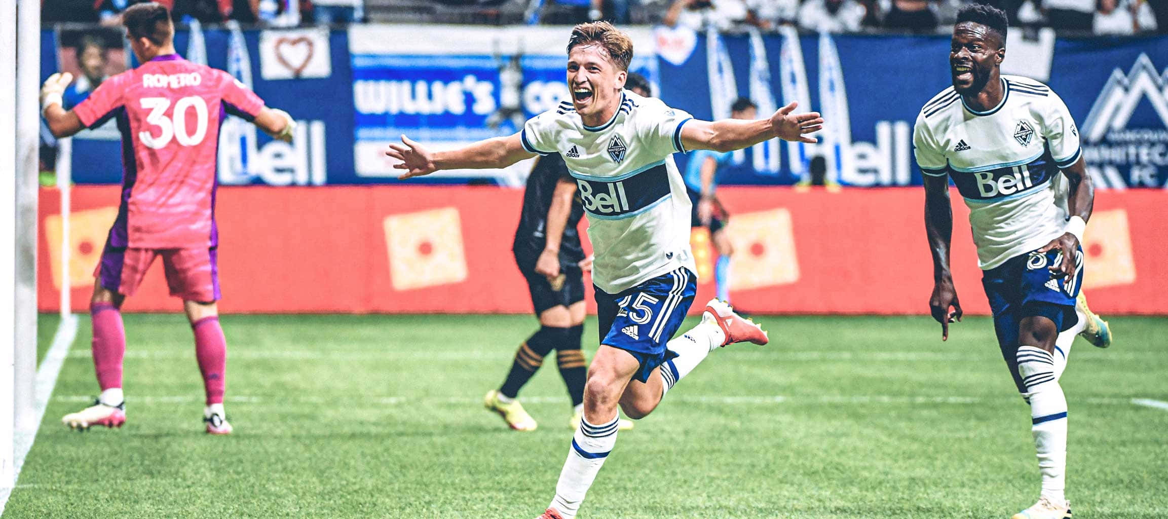 Ryan Gauld, white jersey with blue accents, vibrant green field, Full HD Desktop Wallpaper