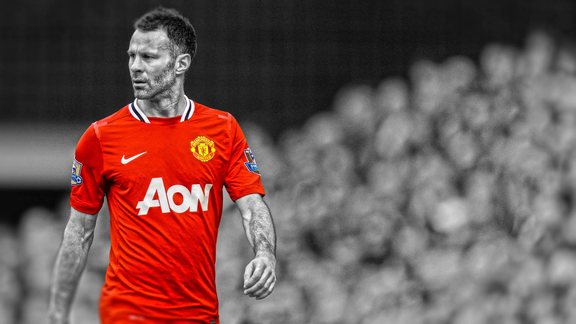 Ryan Giggs, red Manchester United jersey, blurred black and white stadium crowd, Full HD Desktop Wallpaper