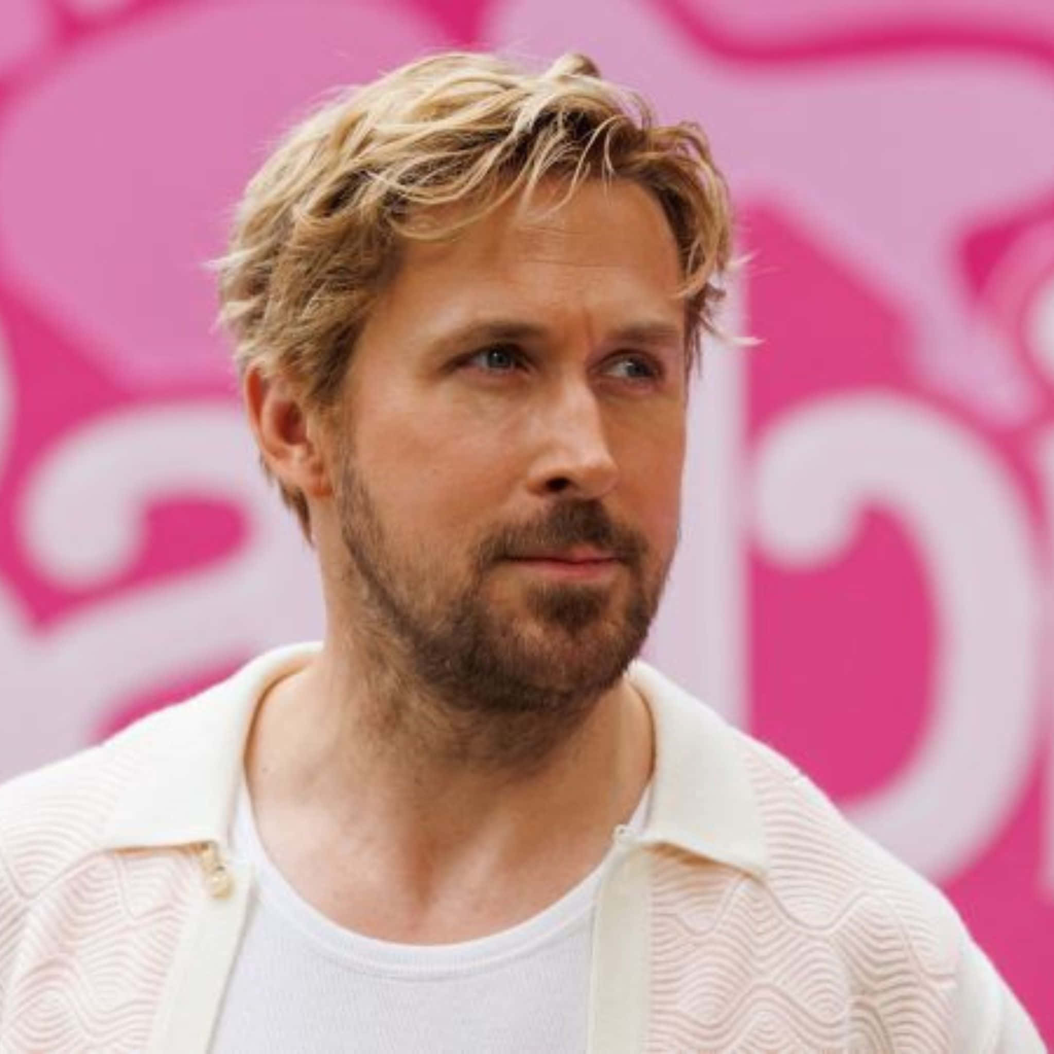 Ryan Gosling, white textured jacket, vibrant pink Barbie-themed backdrop, Full HD Desktop Wallpaper