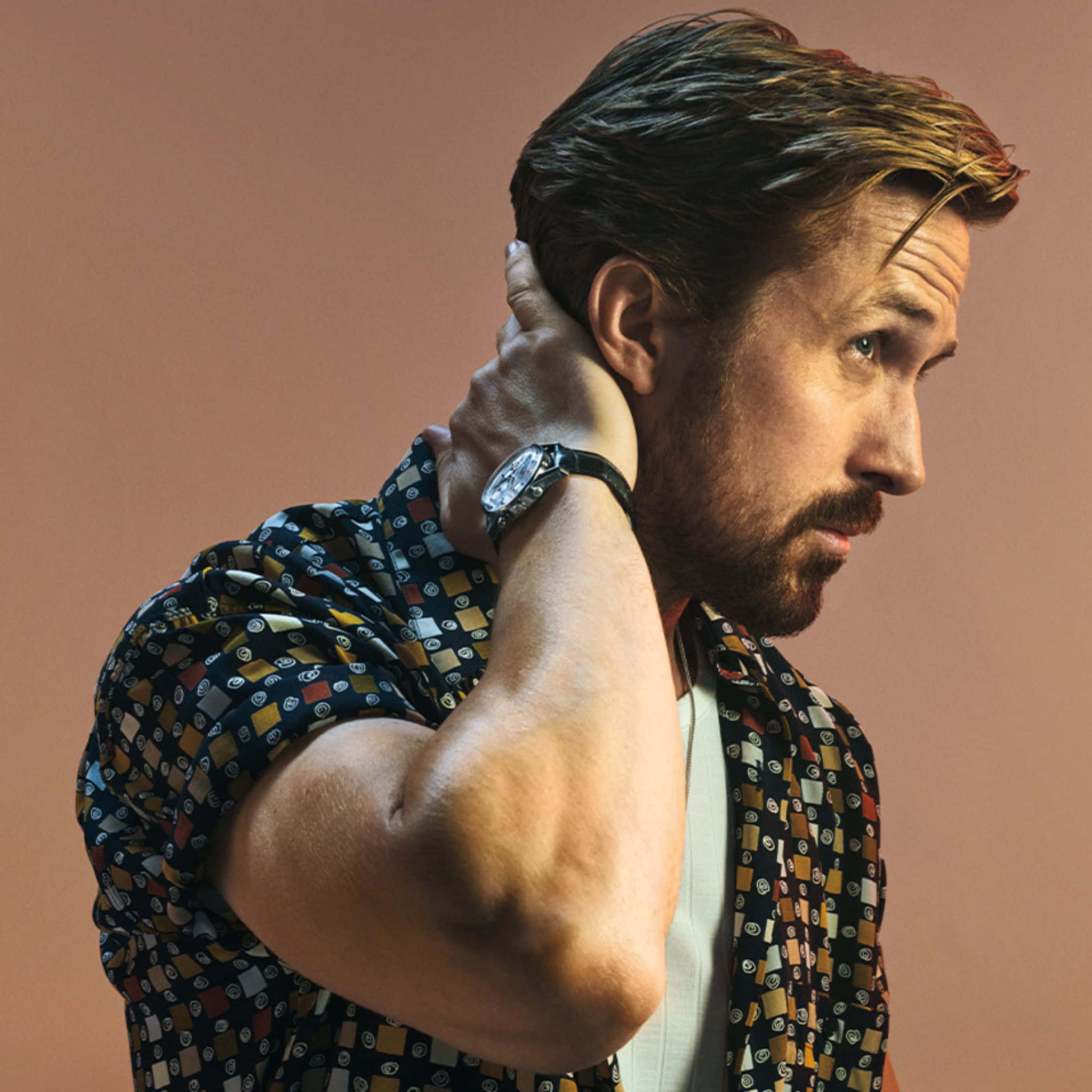Ryan Gosling, muted pink backdrop, patterned shirt, Full HD Desktop Wallpaper