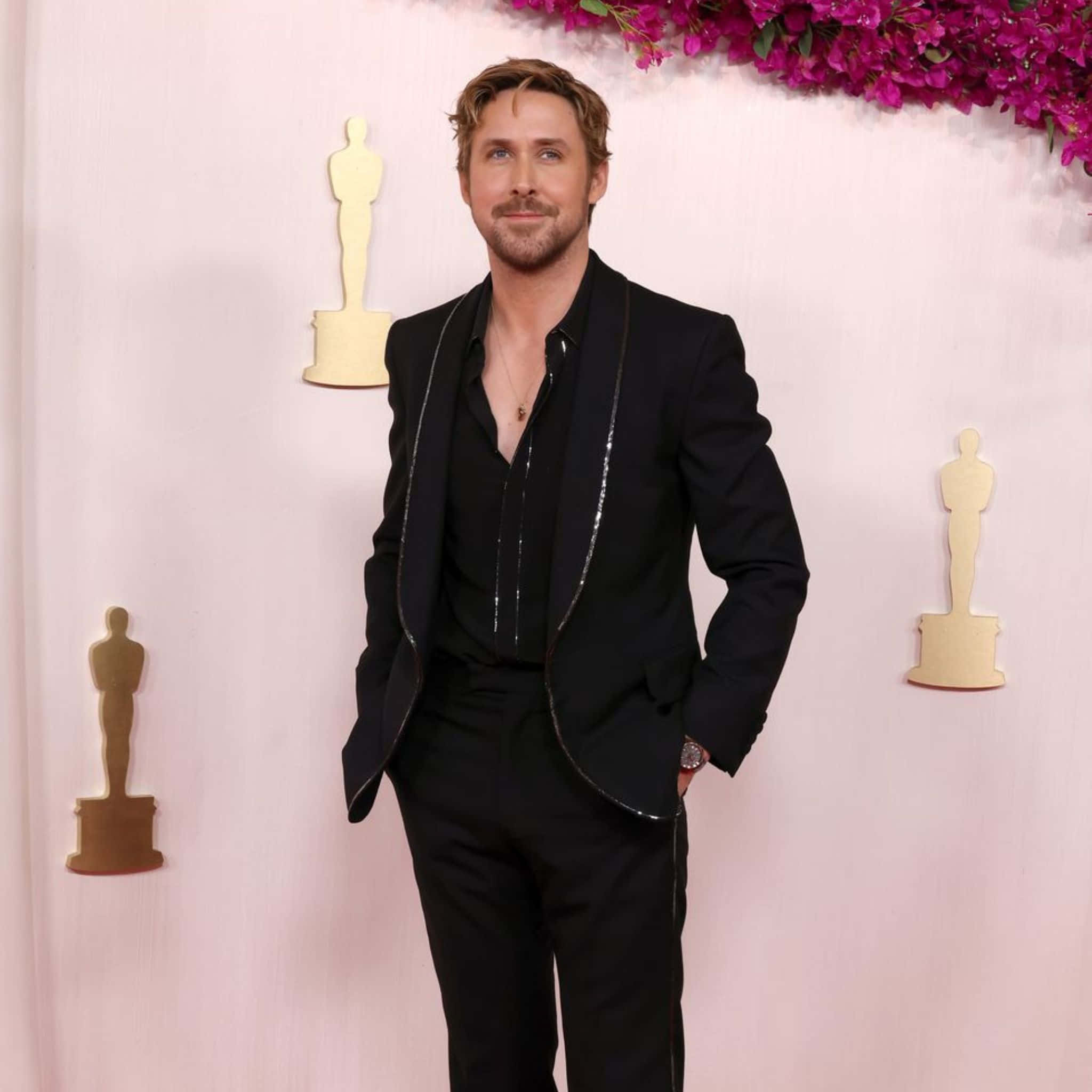 Ryan Gosling, black sequined blazer, pink Oscars backdrop, Full HD Desktop Wallpaper