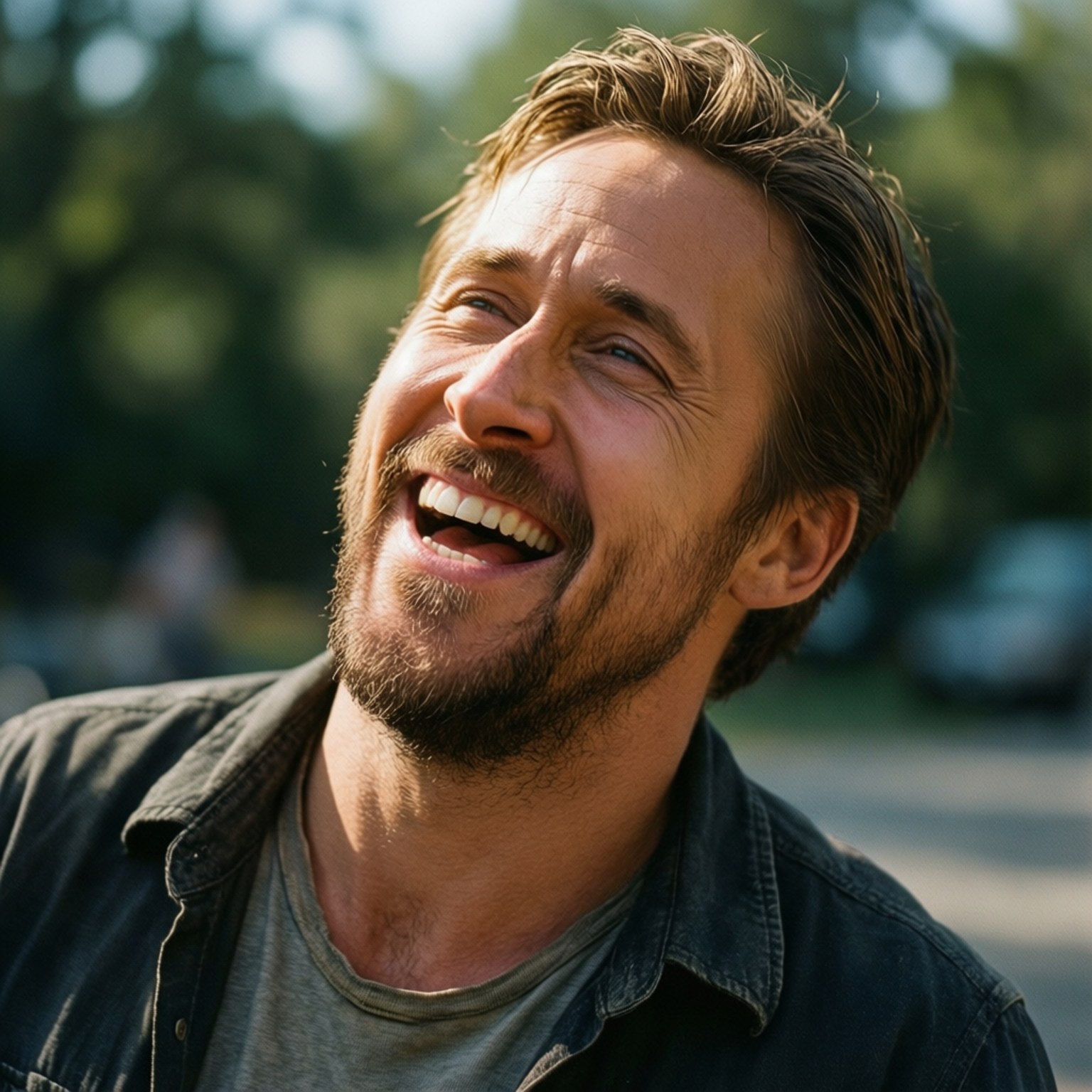 Ryan Gosling, candid laughter, outdoors, HD Desktop Wallpaper