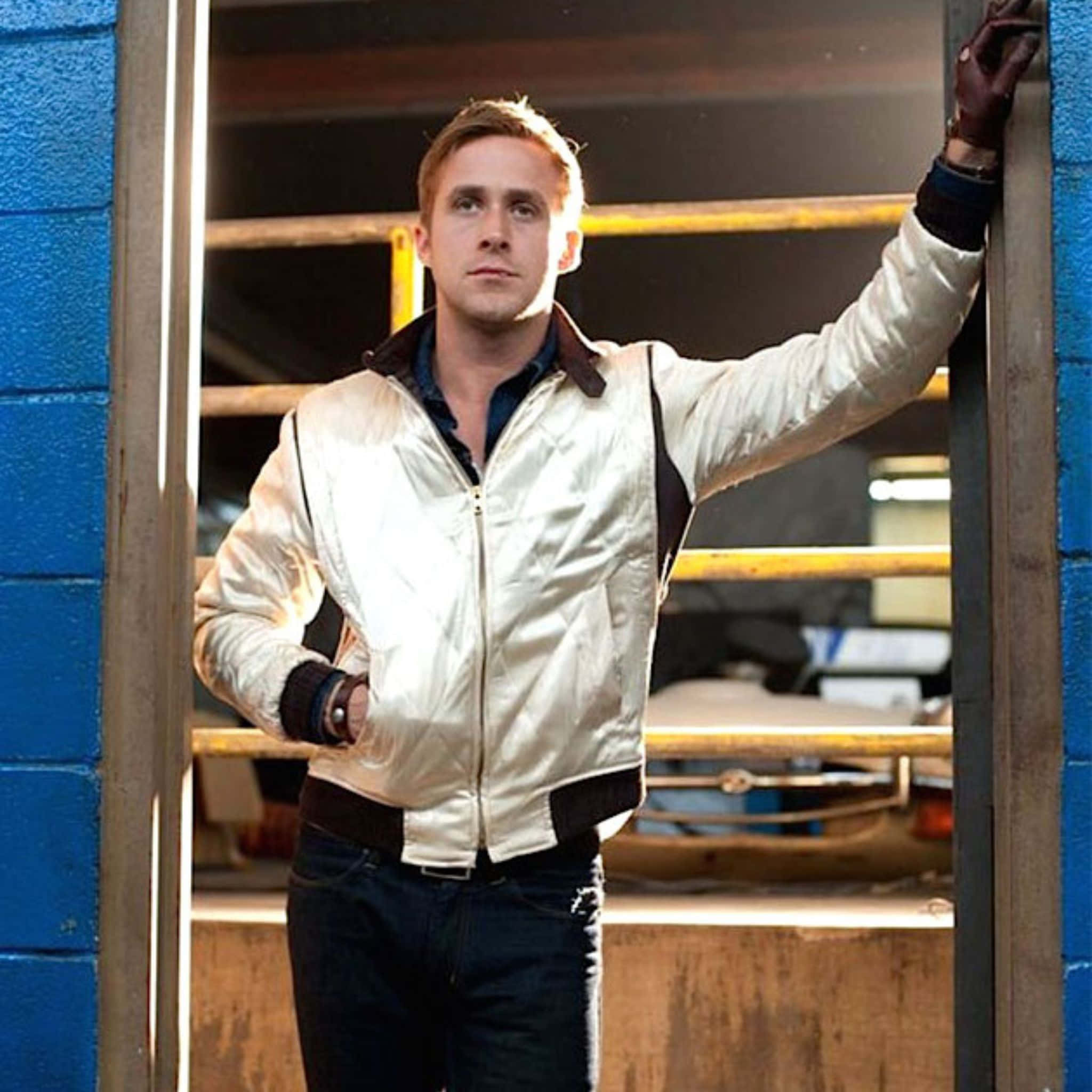 Ryan Gosling, blue brick wall, shiny cream bomber jacket, Full HD Desktop Wallpaper