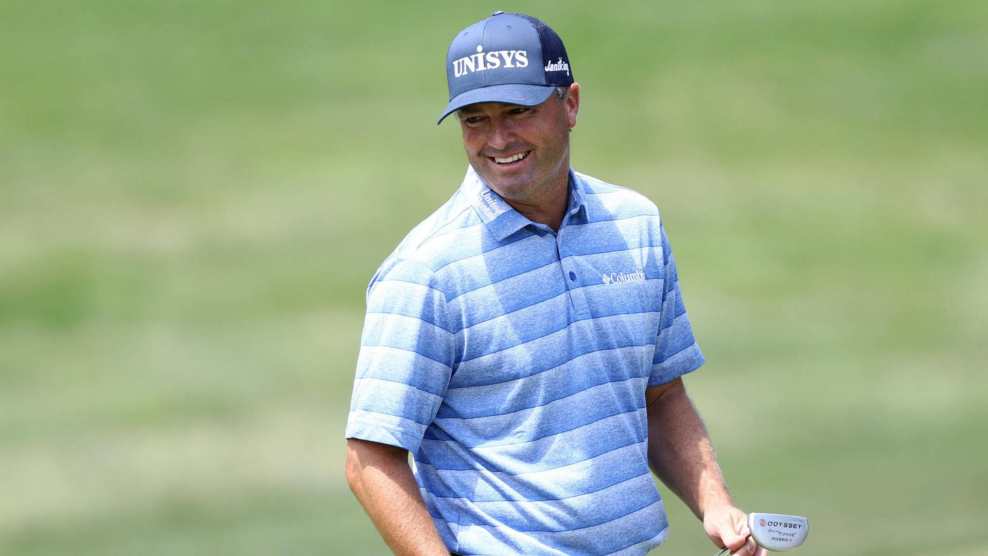 Ryan Palmer, blue striped polo, sunlit green golf course, Full HD Desktop Wallpaper