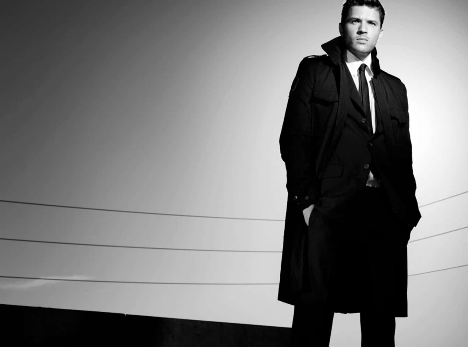 Ryan Phillippe, long black coat, minimalist curved wall, HD Desktop Wallpaper