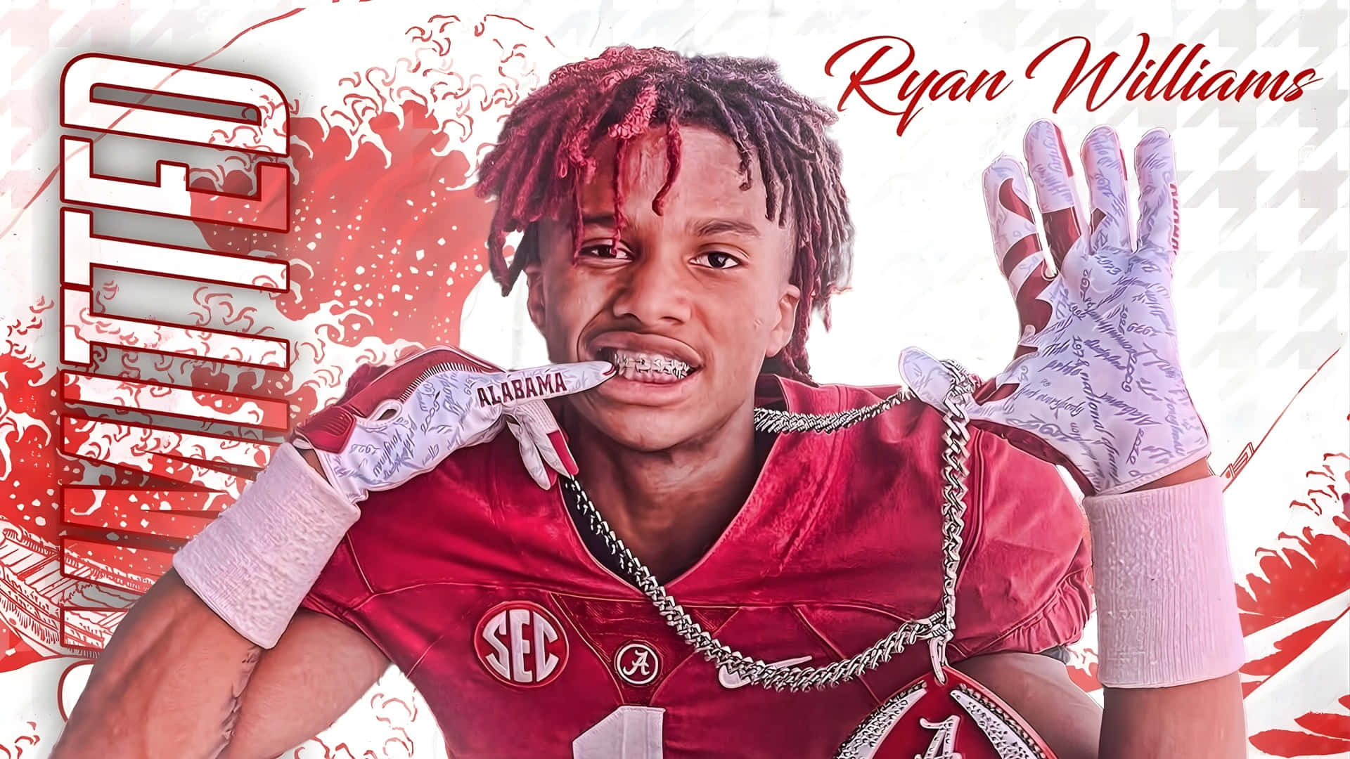 Ryan Williams, crimson Alabama football gear, red and white graphic background, Full HD Desktop Wallpaper