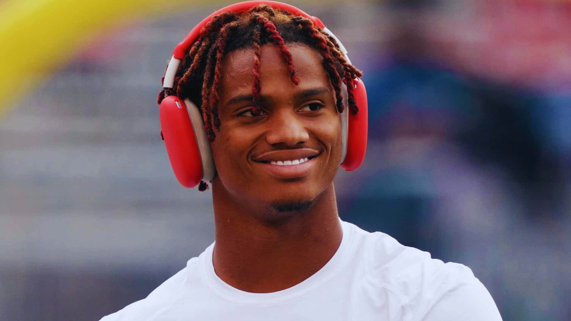 Ryan Williams, red-tipped dreadlocks, bright red over-ear headphones, Full HD Desktop Wallpaper