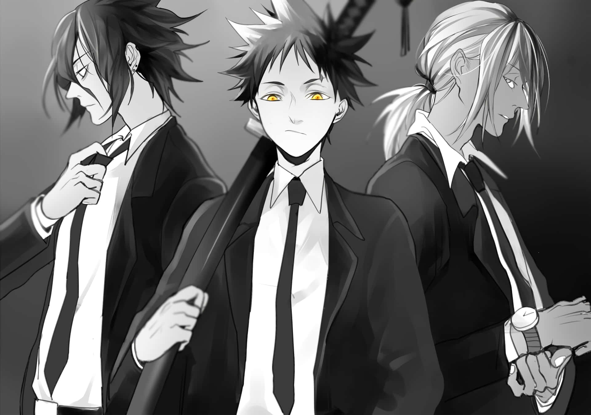 Ryo Kurokiba, black suits, monochrome, Full HD Desktop Wallpaper