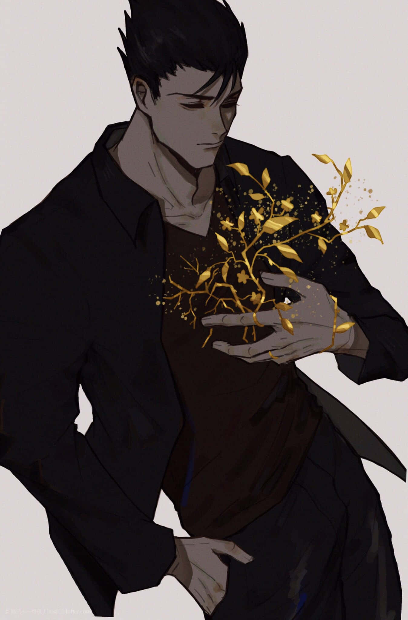 Ryo Shimazaki, black clothing, glowing golden branch, Full HD Phone Wallpaper