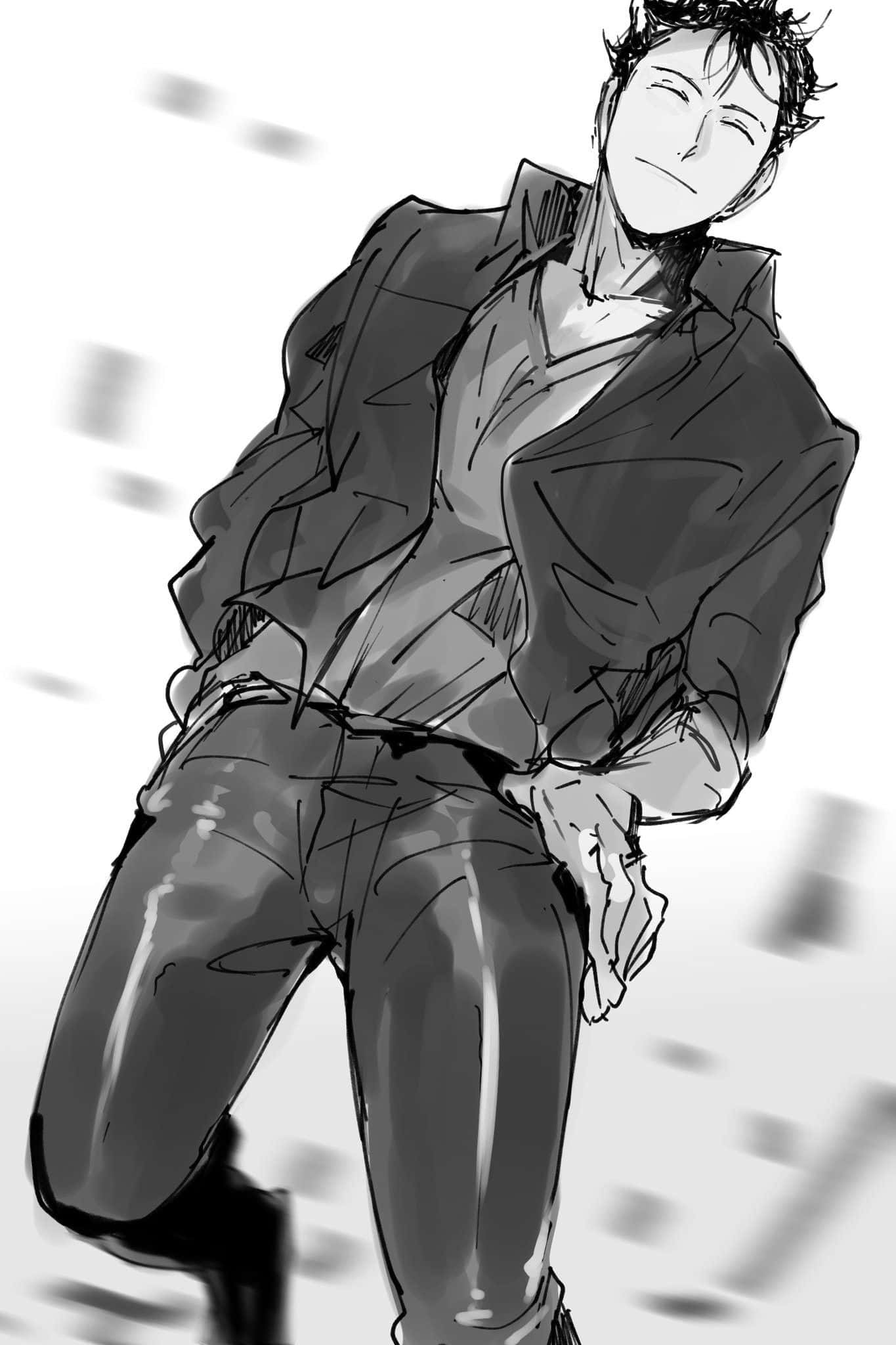 Ryo Shimazaki, black and white anime-style sketch, confident young man, Full HD Phone Wallpaper