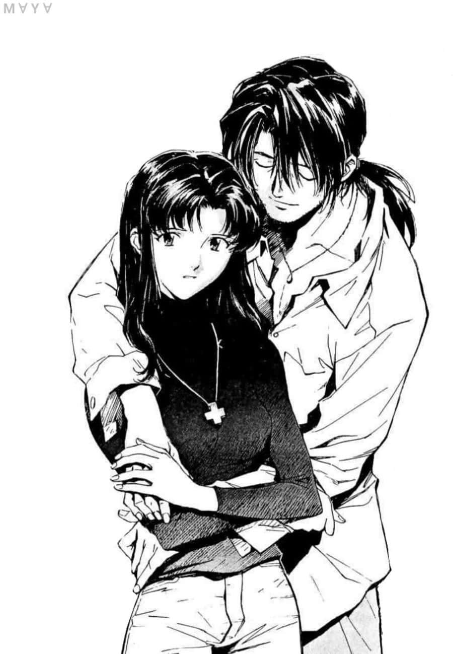 Ryoji Kaji, black and white anime illustration, man embracing a woman from behind, HD Phone Wallpaper