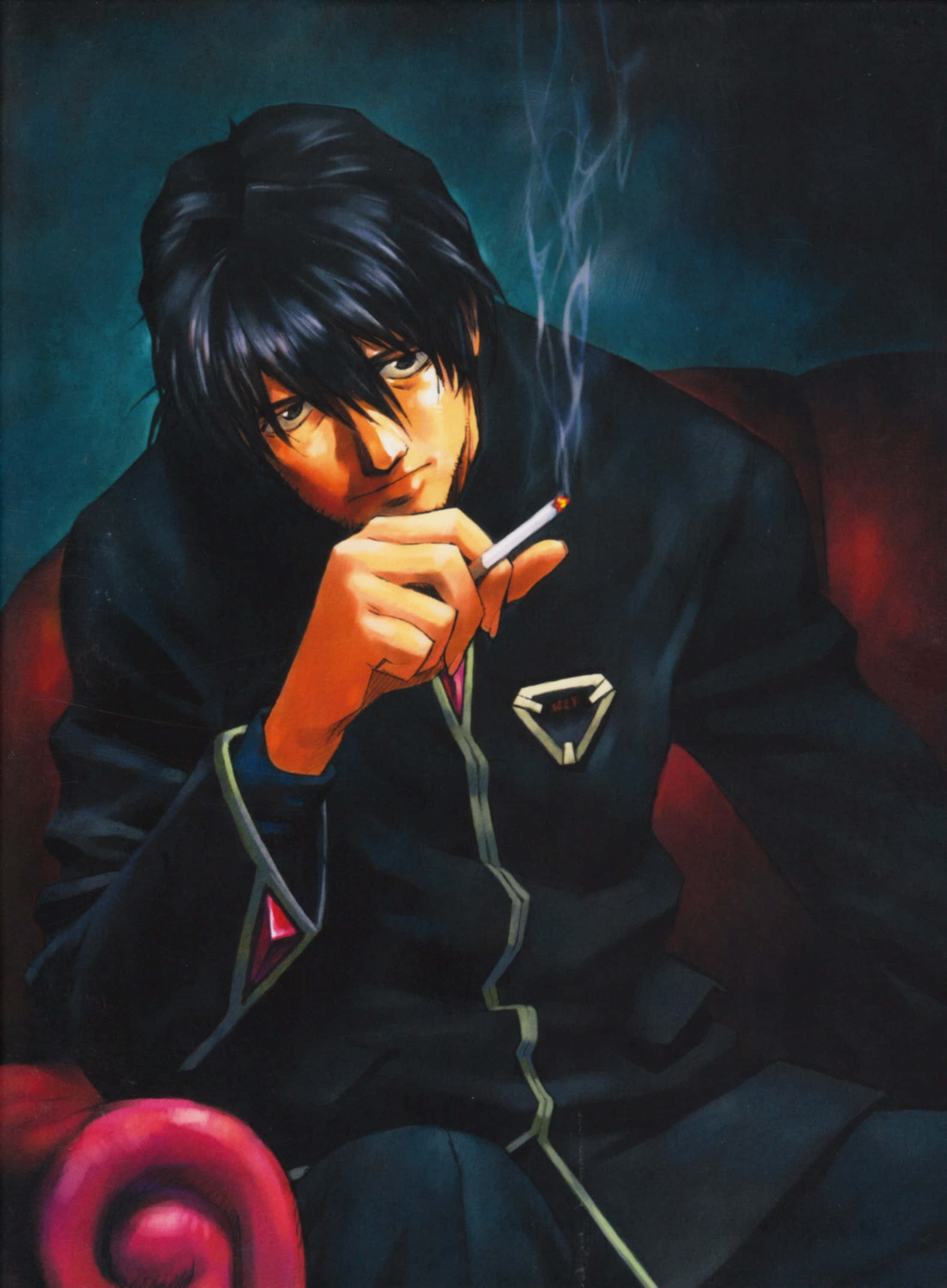 Ryoji Kaji, red chair, teal background, 2K Phone Wallpaper