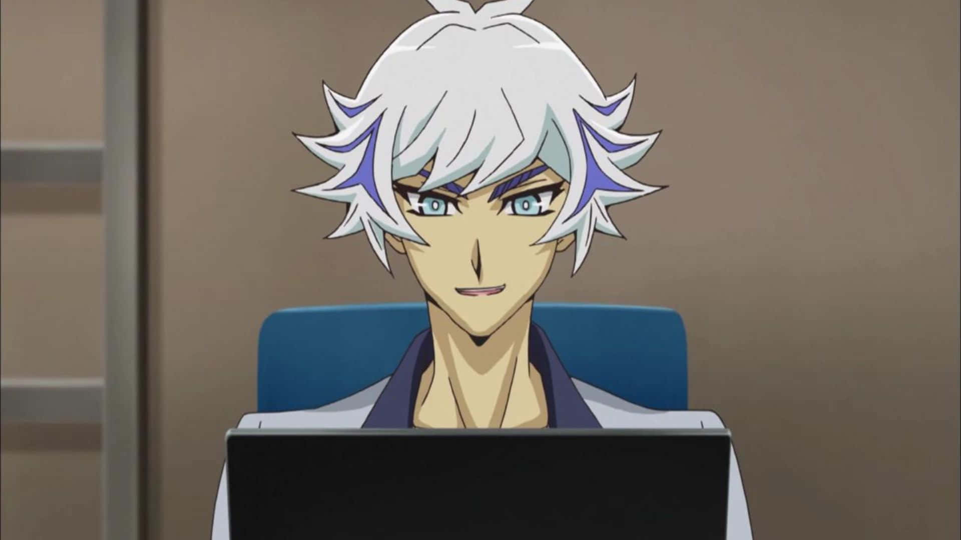Ryoken Kogami, spiky white and blue hair, laptop, Full HD Desktop Wallpaper