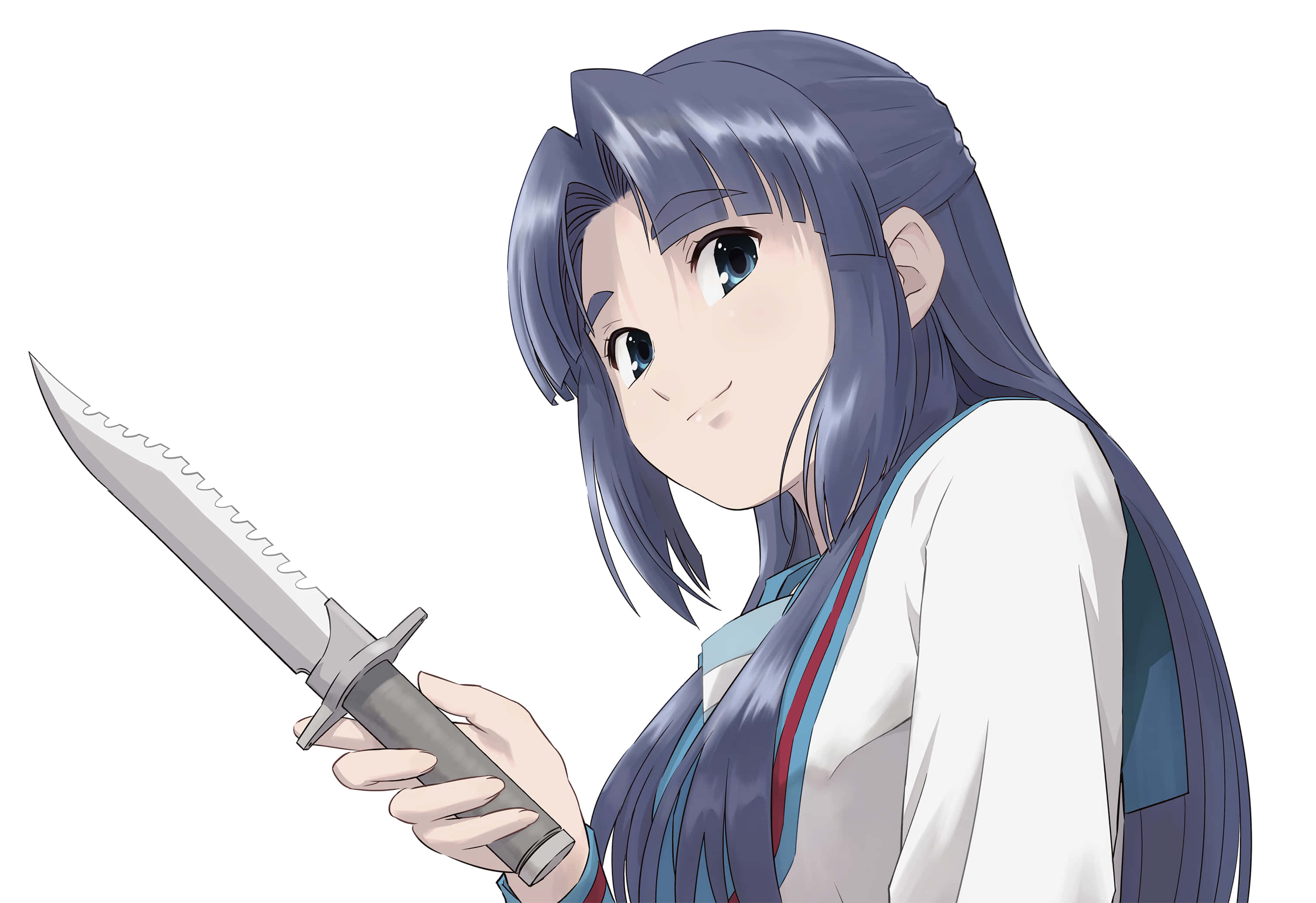 Ryoko Asakura, long blue hair, serrated knife, 2K Desktop Wallpaper