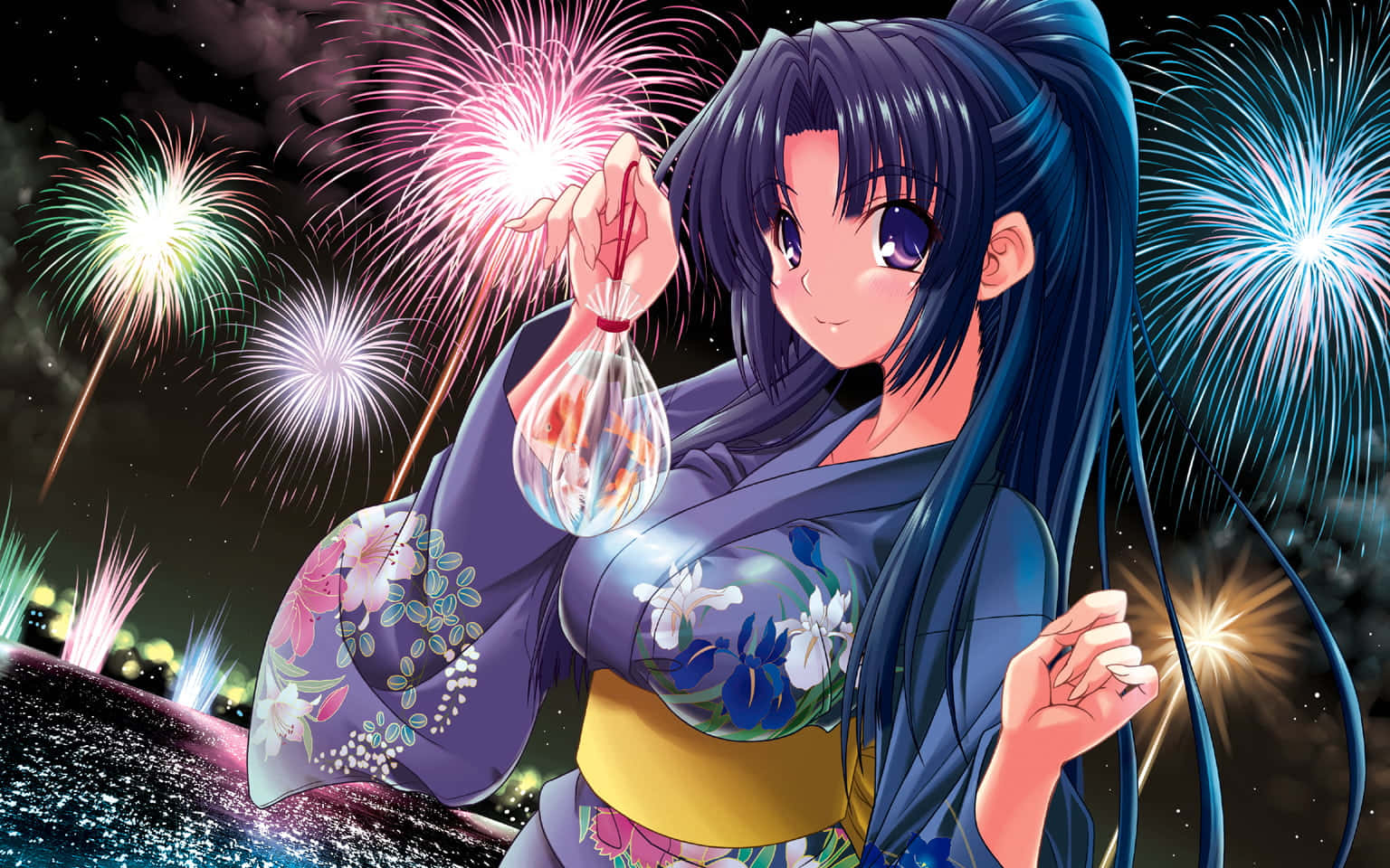 Ryoko Asakura, floral kimono, glowing lantern, HD Desktop Wallpaper