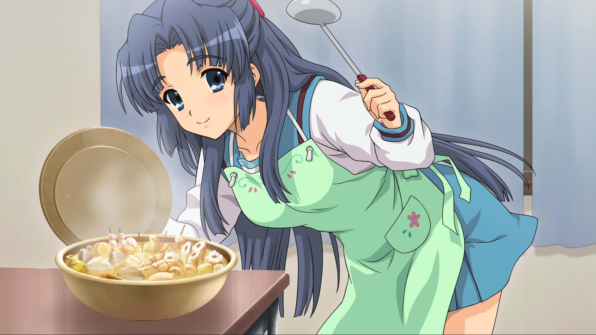 Ryoko Asakura, blue hair, steaming bowl of soup, Full HD Desktop Wallpaper
