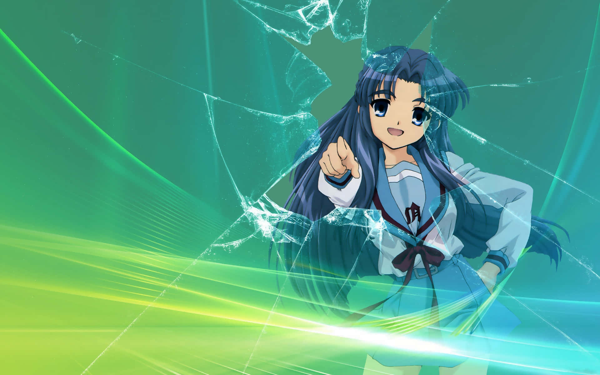 Ryoko Asakura, blue hair, shattered glass effect, Full HD Desktop Wallpaper
