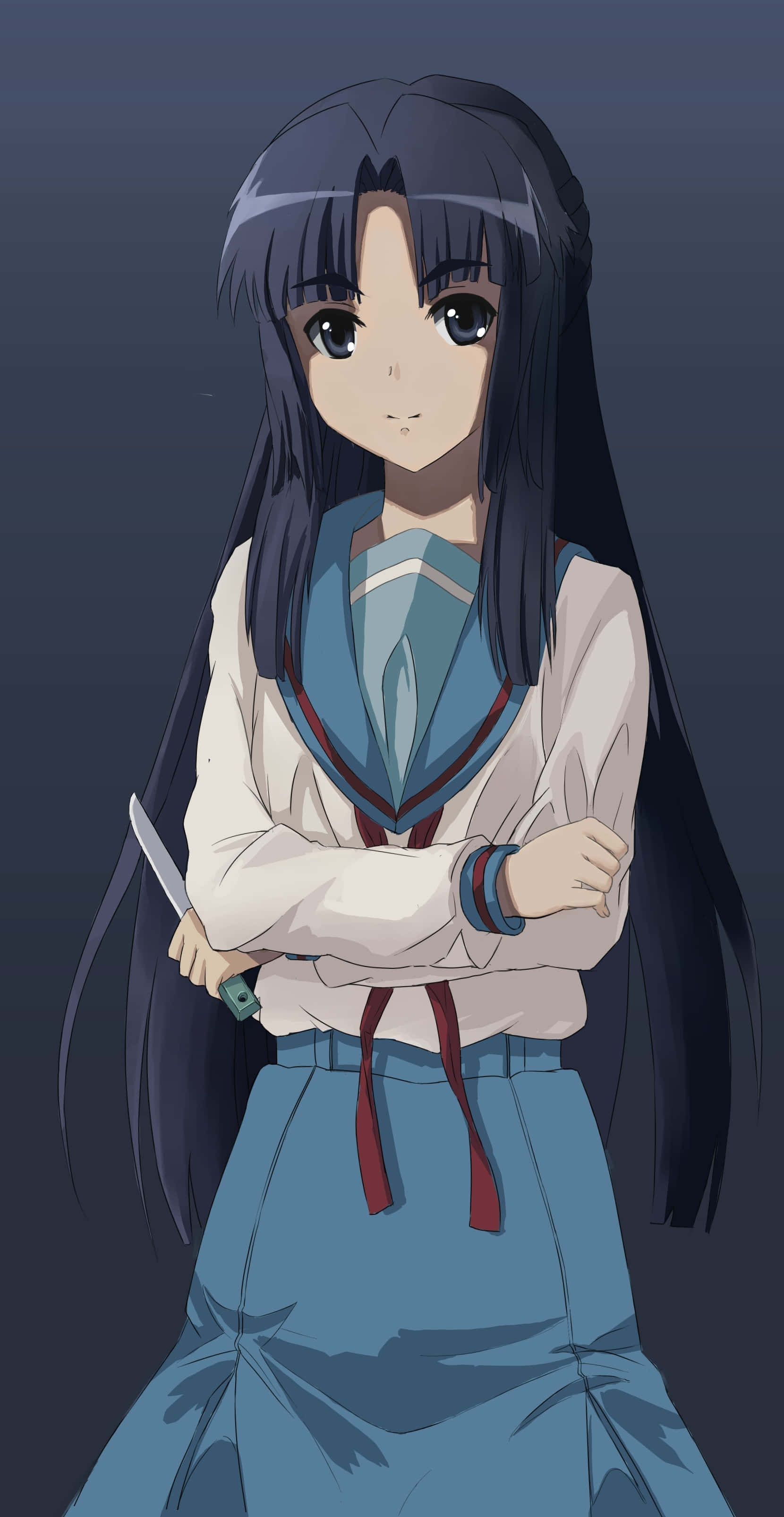 Ryoko Asakura, blue sailor uniform, knife, 2K Phone Wallpaper