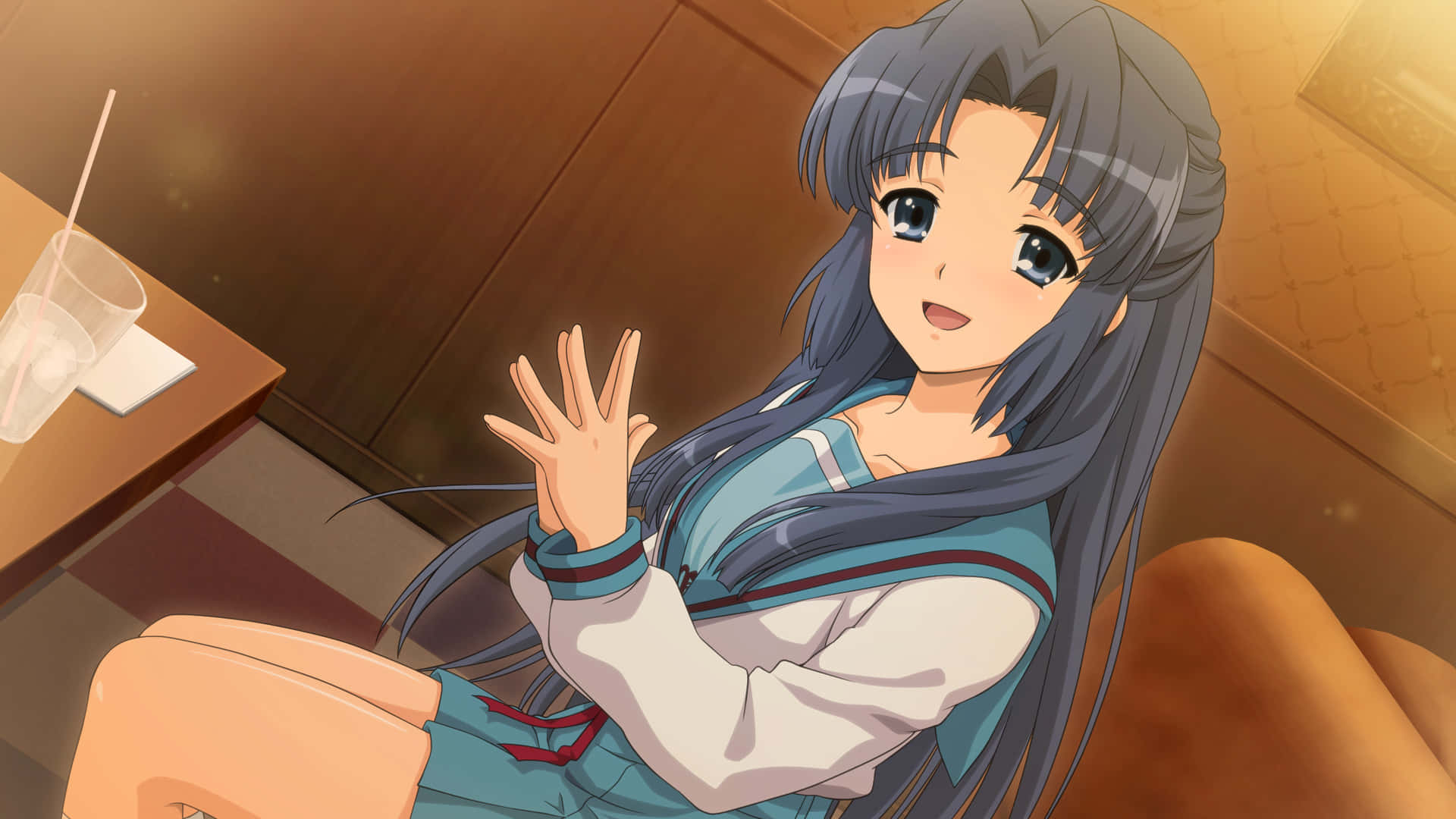Ryoko Asakura, blue and white school uniform, long gray hair, Full HD Desktop Wallpaper