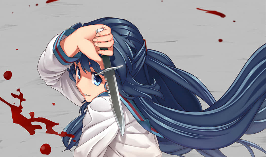 Ryoko Asakura, blue hair, knife, SD Desktop Wallpaper
