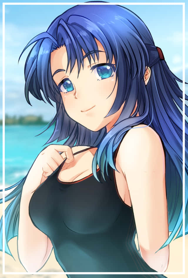 Ryoko Asakura, blue-haired, black swimsuit, SD Phone Wallpaper