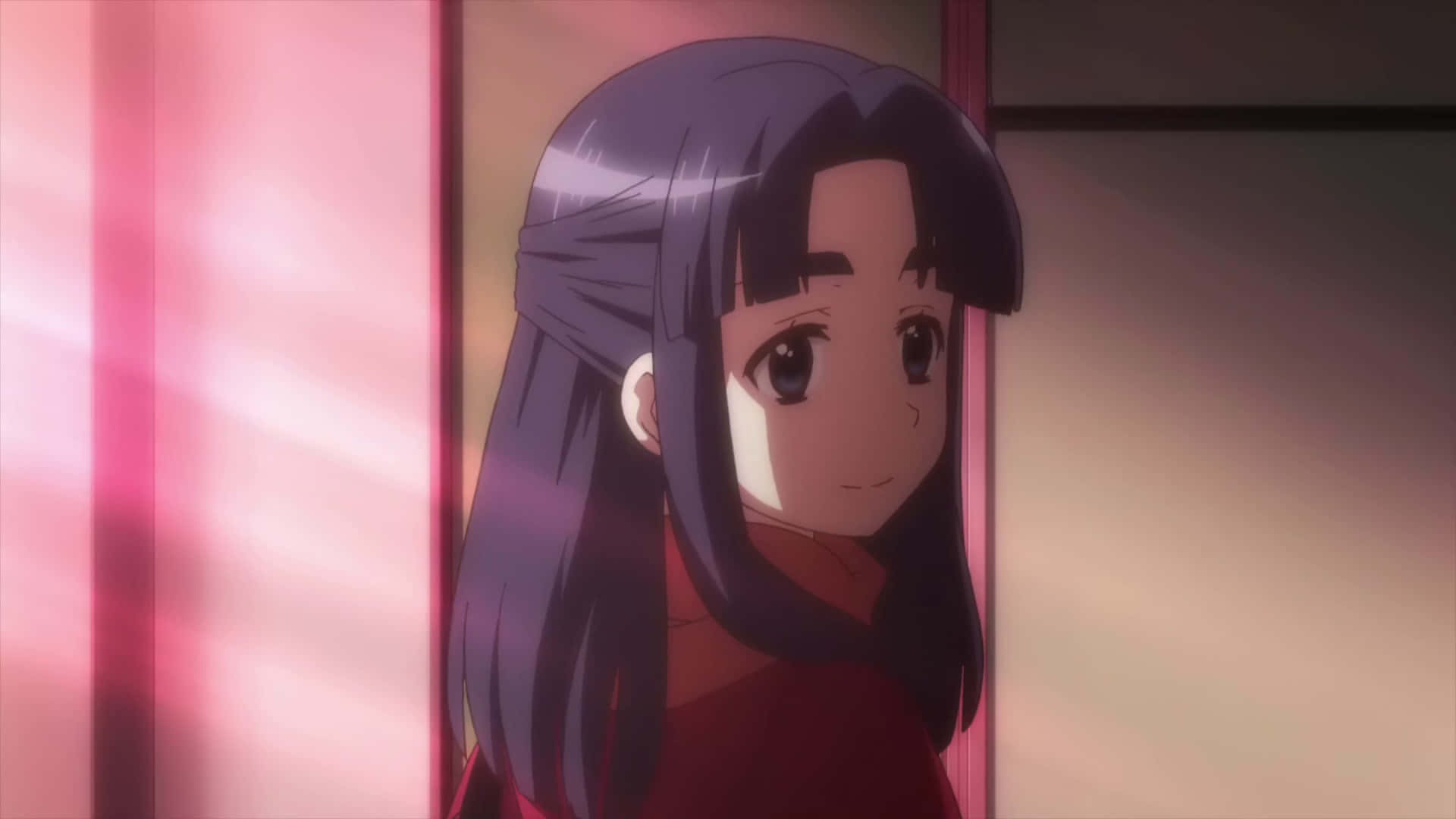 Ryoko Asakura, purple hair, pink-lit doorway, Full HD Desktop Wallpaper