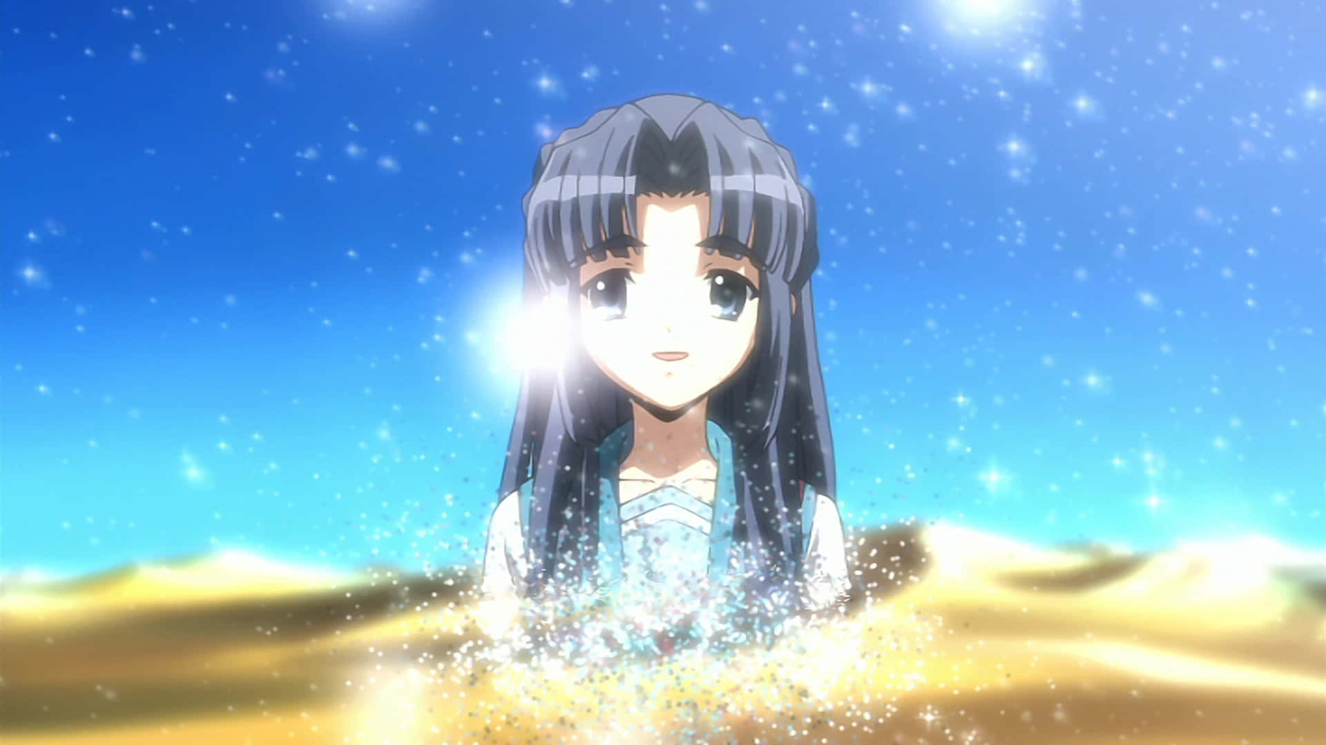 Ryoko Asakura, long dark hair, golden sand, Full HD Desktop Wallpaper