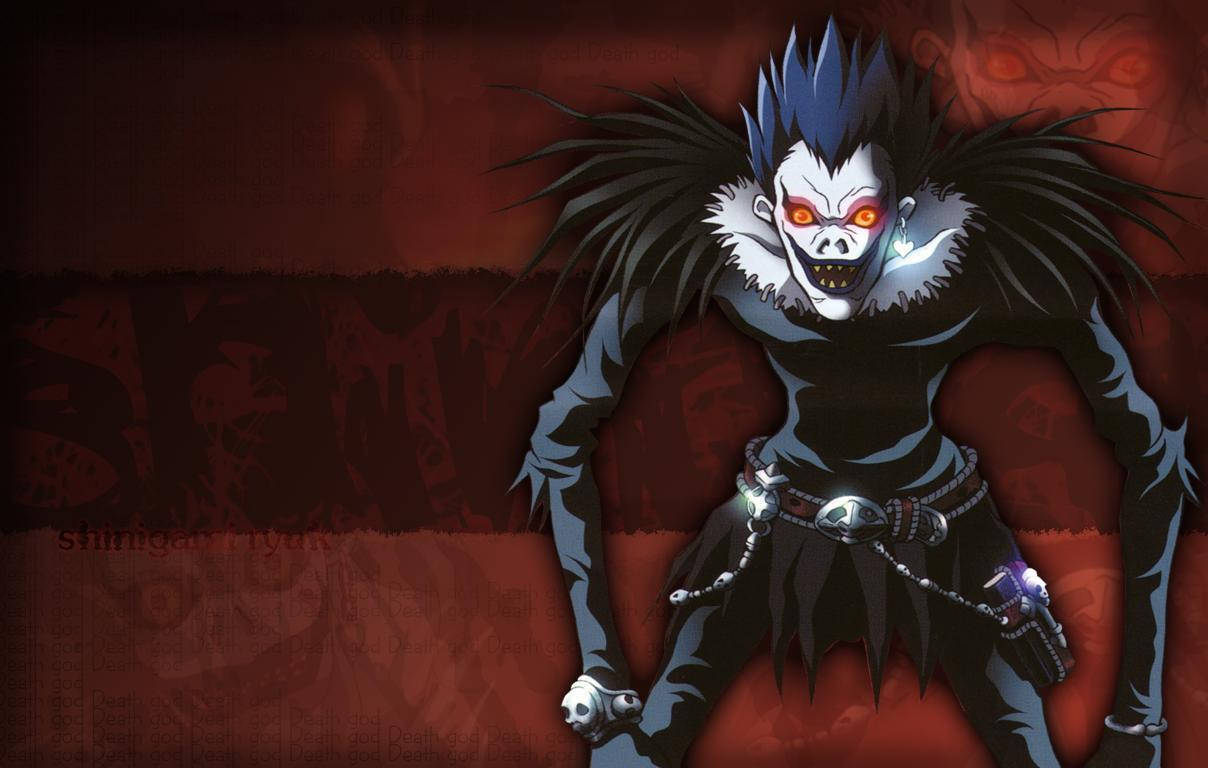 Ryuk, spiky blue hair, glowing orange eyes, SD Desktop Wallpaper
