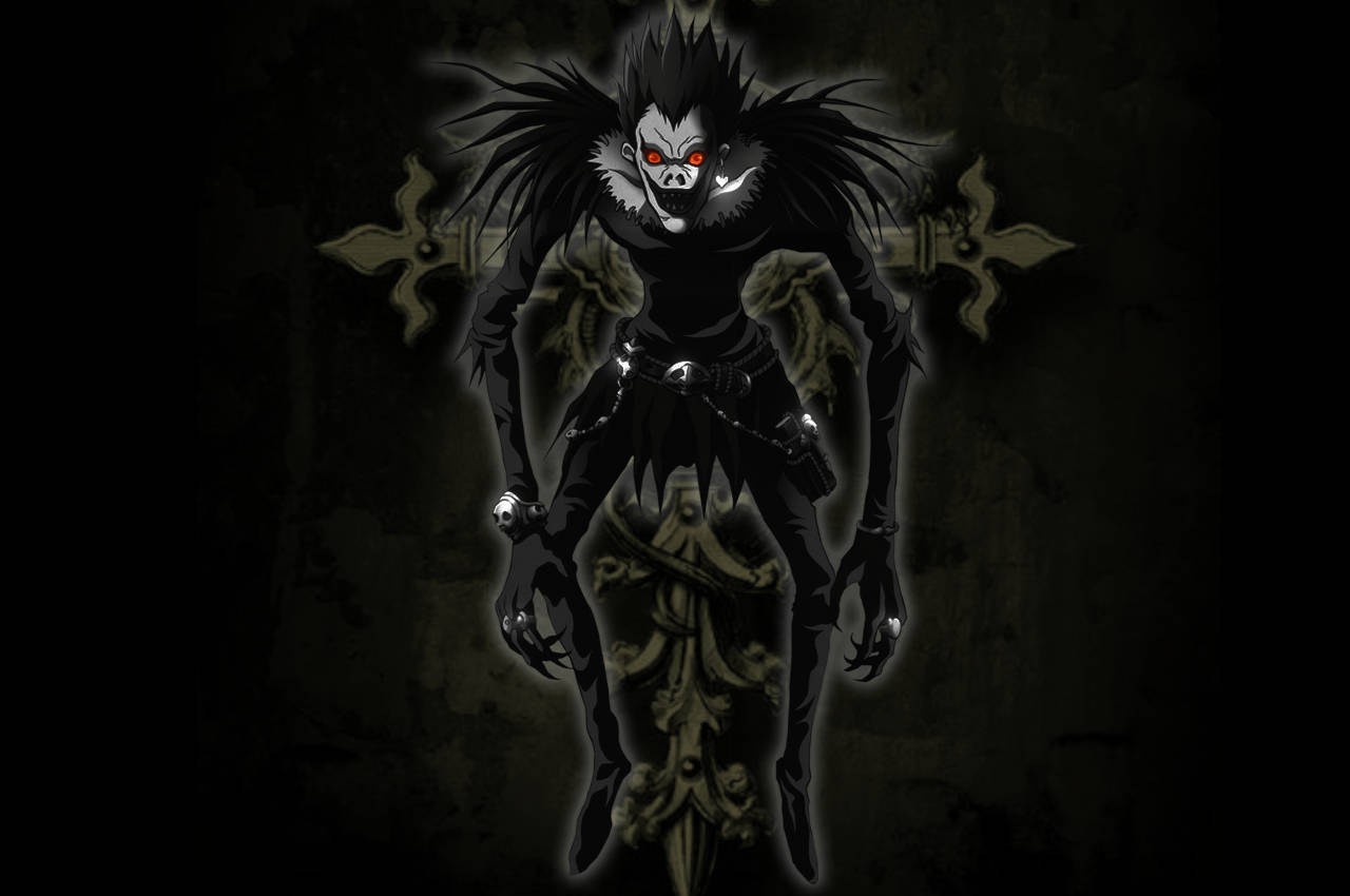 Ryuk, glowing red eyes, spiky black hair, HD Desktop Wallpaper