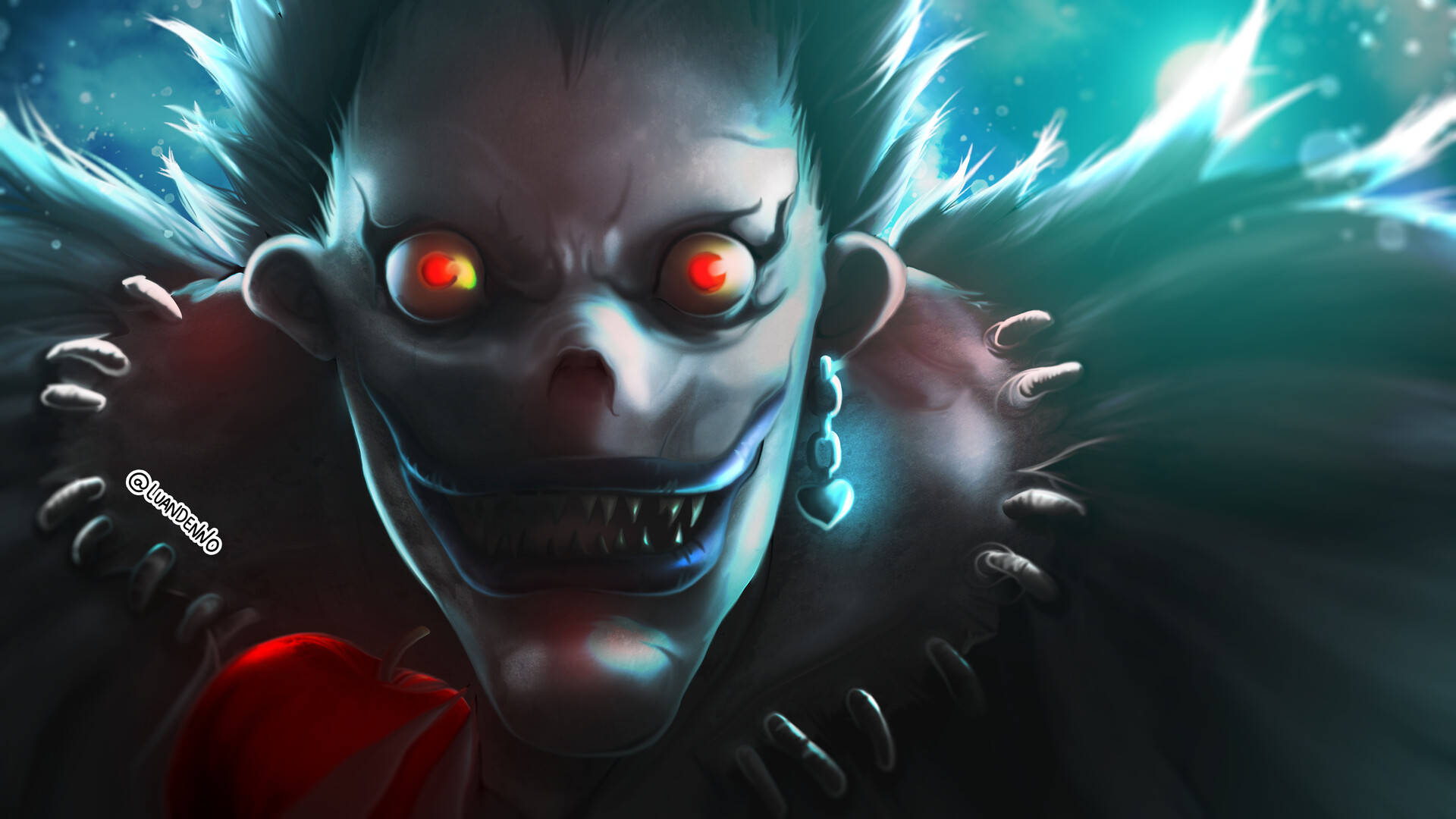 Ryuk, glowing red eyes, wide grin, Full HD Desktop Wallpaper