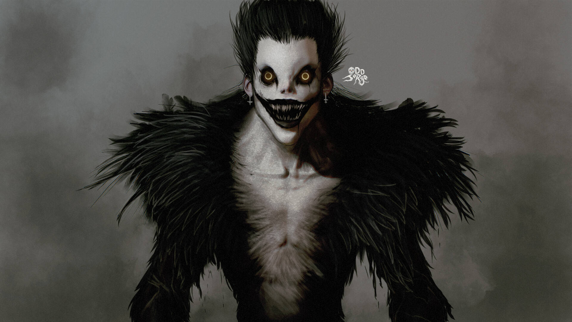 Ryuk, skeletal face, glowing yellow eyes, Full HD Desktop Wallpaper