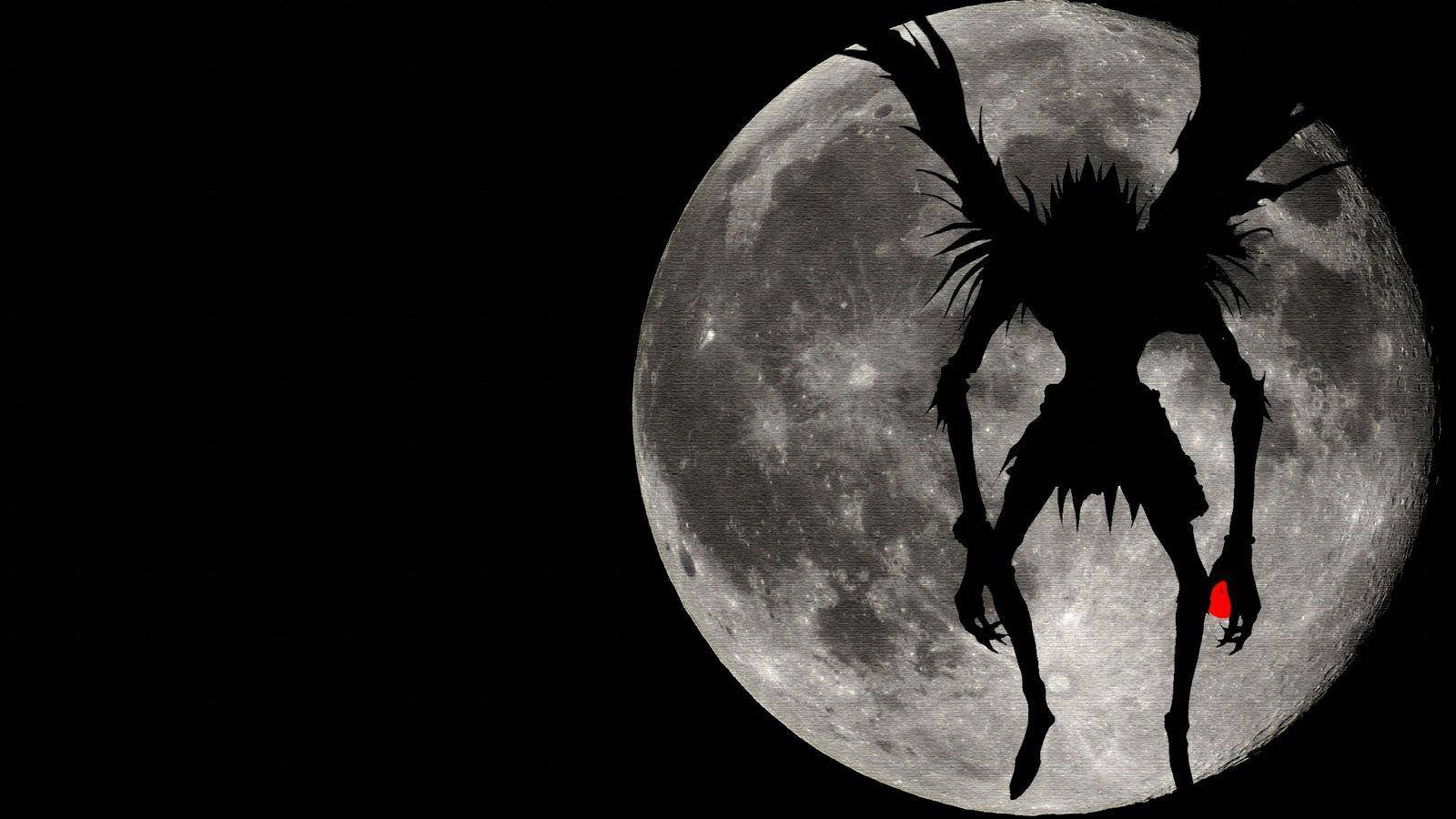 Flying Ryuk, full moon, spiky-haired anime character, HD Desktop Wallpaper