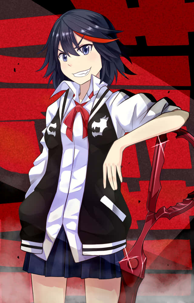Ryuko Matoi, red scythe, black hair, SD Phone Wallpaper