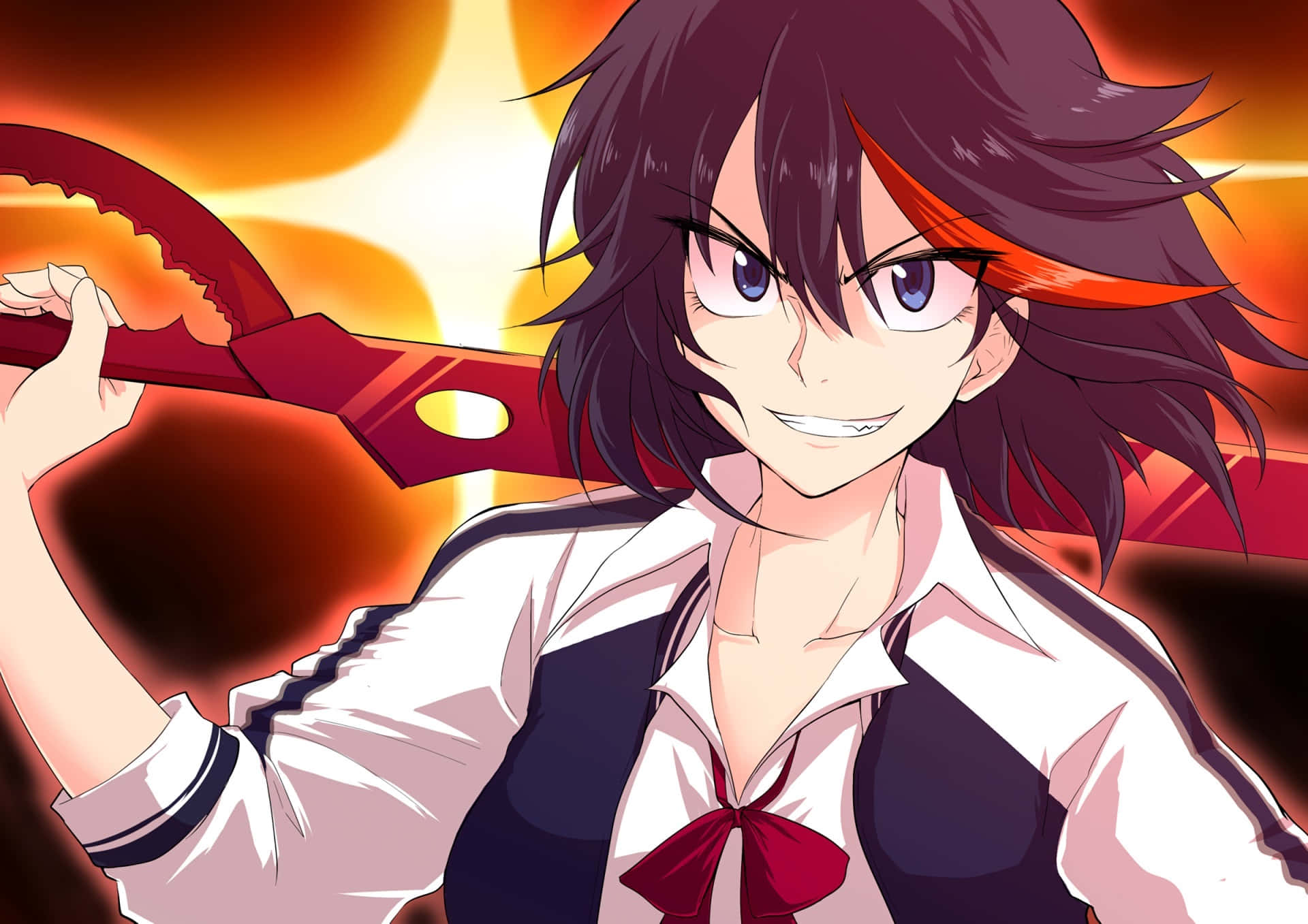Ryuko Matoi, glowing red sword, fiery orange background, Full HD Desktop Wallpaper