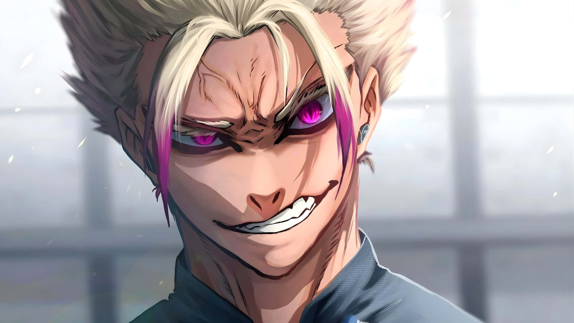 Ryusei Shido, spiky blonde hair, glowing purple eyes, Full HD Desktop Wallpaper