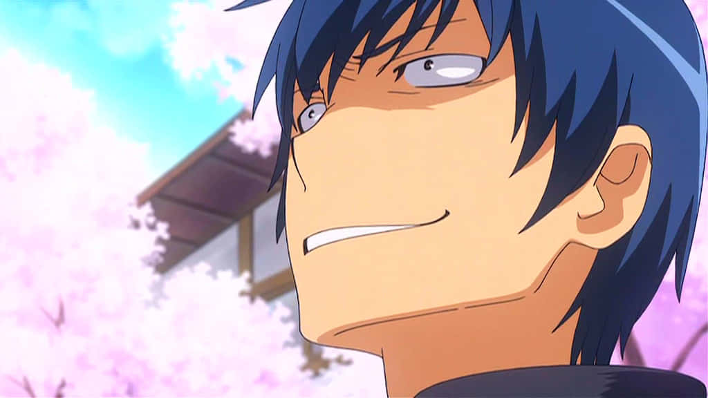 Ryuuji Takasu, blue-haired anime boy, pink cherry blossoms, SD Desktop Wallpaper