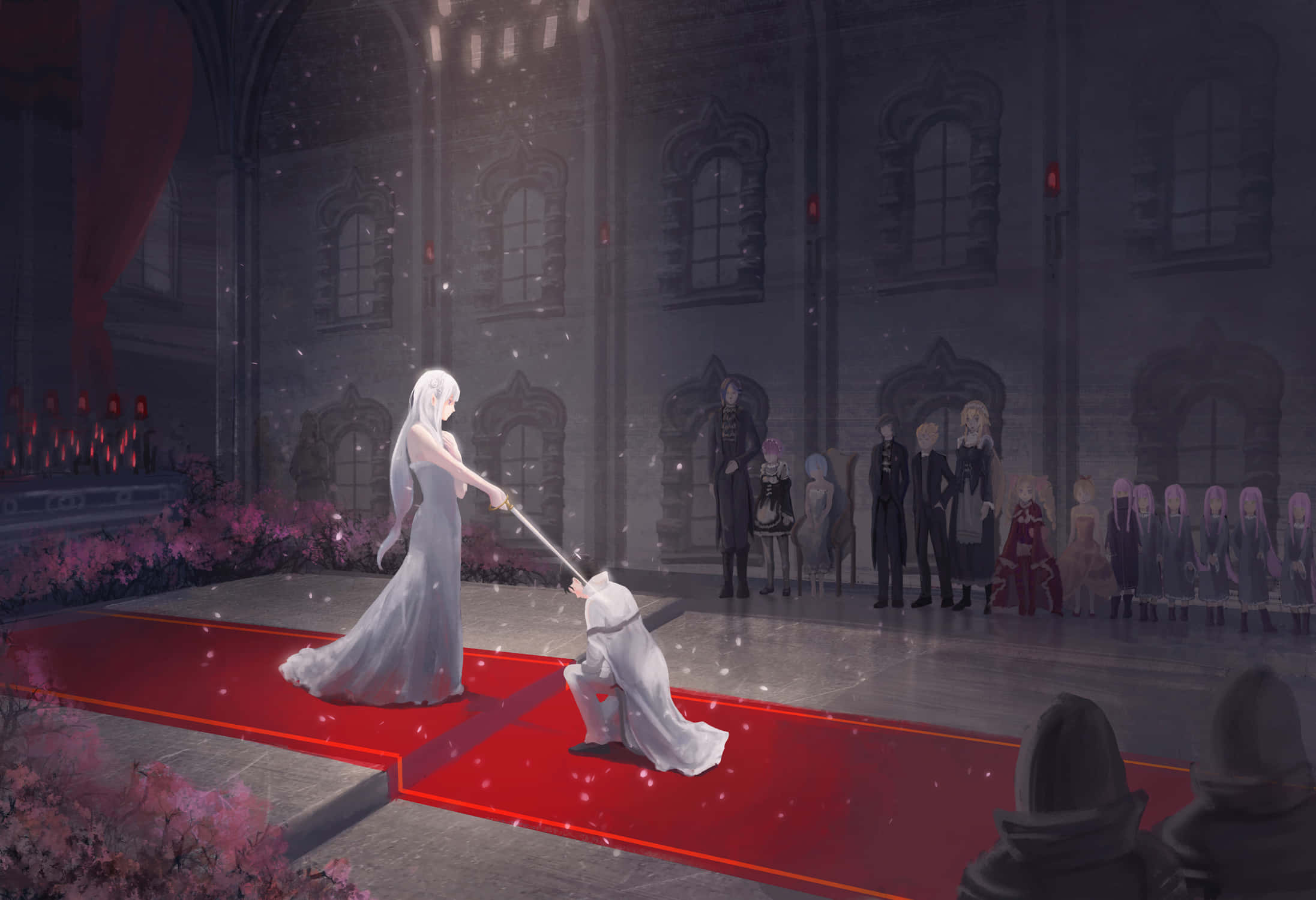 Ryuzu Meyer, white-robed figure, red carpet, Full HD Desktop Wallpaper