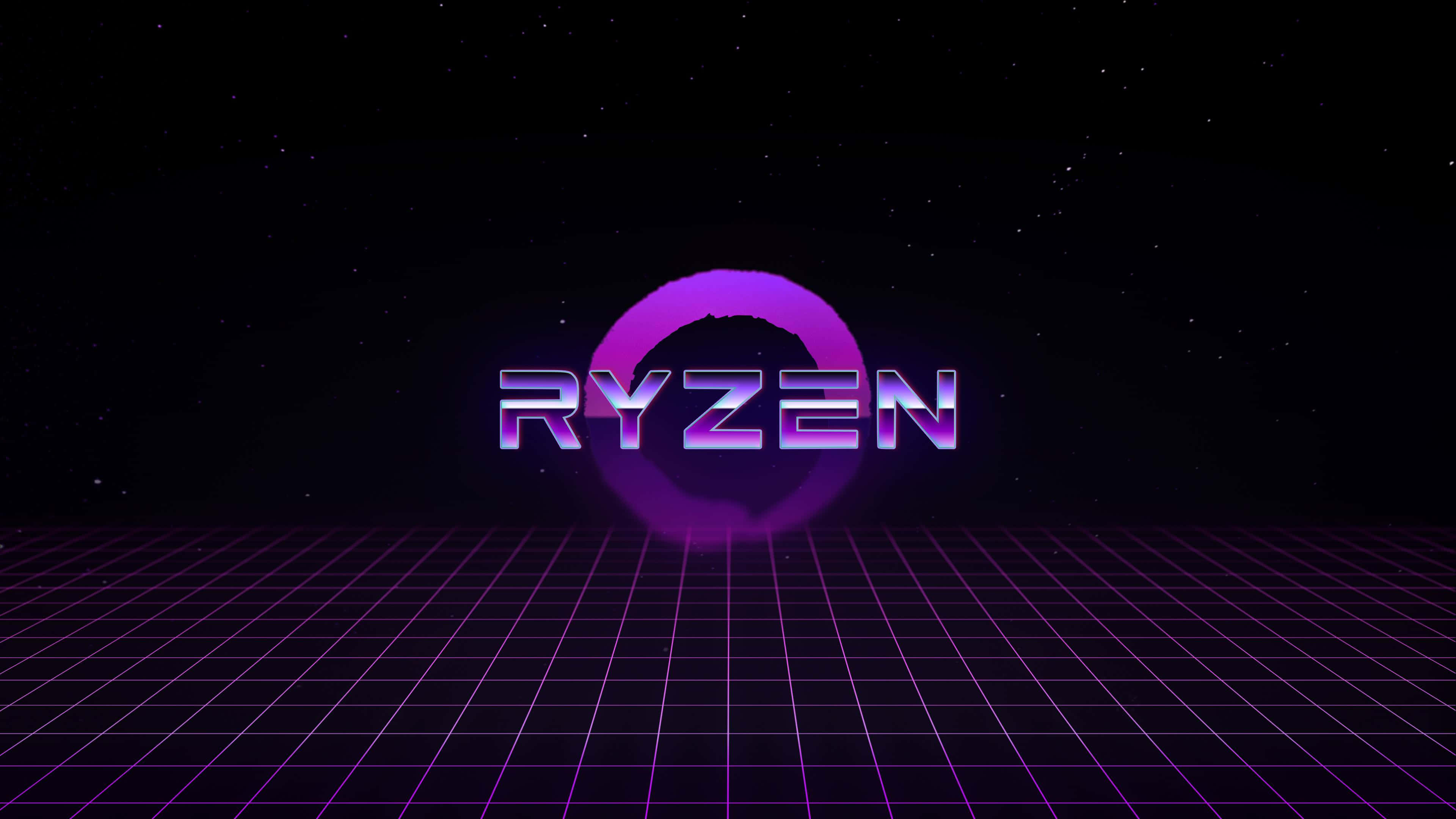 Ryzen logo, neon grid, starry night sky, 4K Desktop Wallpaper