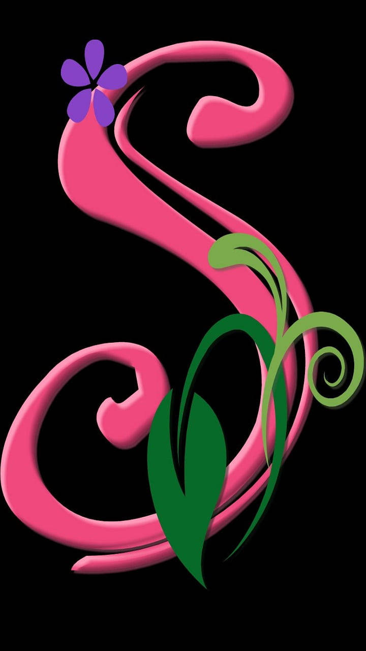 pink capital S, purple flower, green leafy swirls, HD Phone Wallpaper