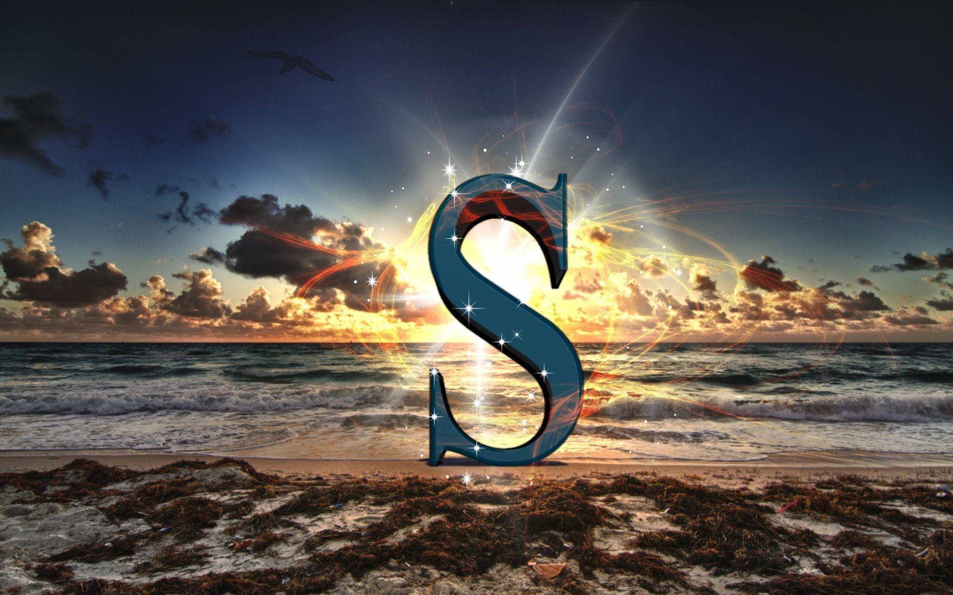 Sunrise S Alphabet, glowing blue letter S, sparkling light bursts, Full HD Desktop Wallpaper